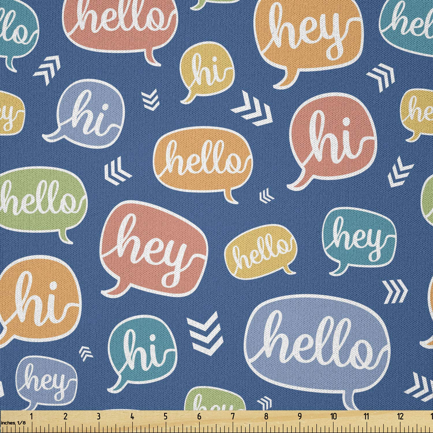 Ambesonne Hello Fabric by The Yard - Colorful Speech Bubble Typography Microfiber Cloth for DIY Crafts, Home Decor & Sewing Projects (10 Yards, Sea Blue & Multicolor) - Perfect for Pillows, Curtains & Quilting