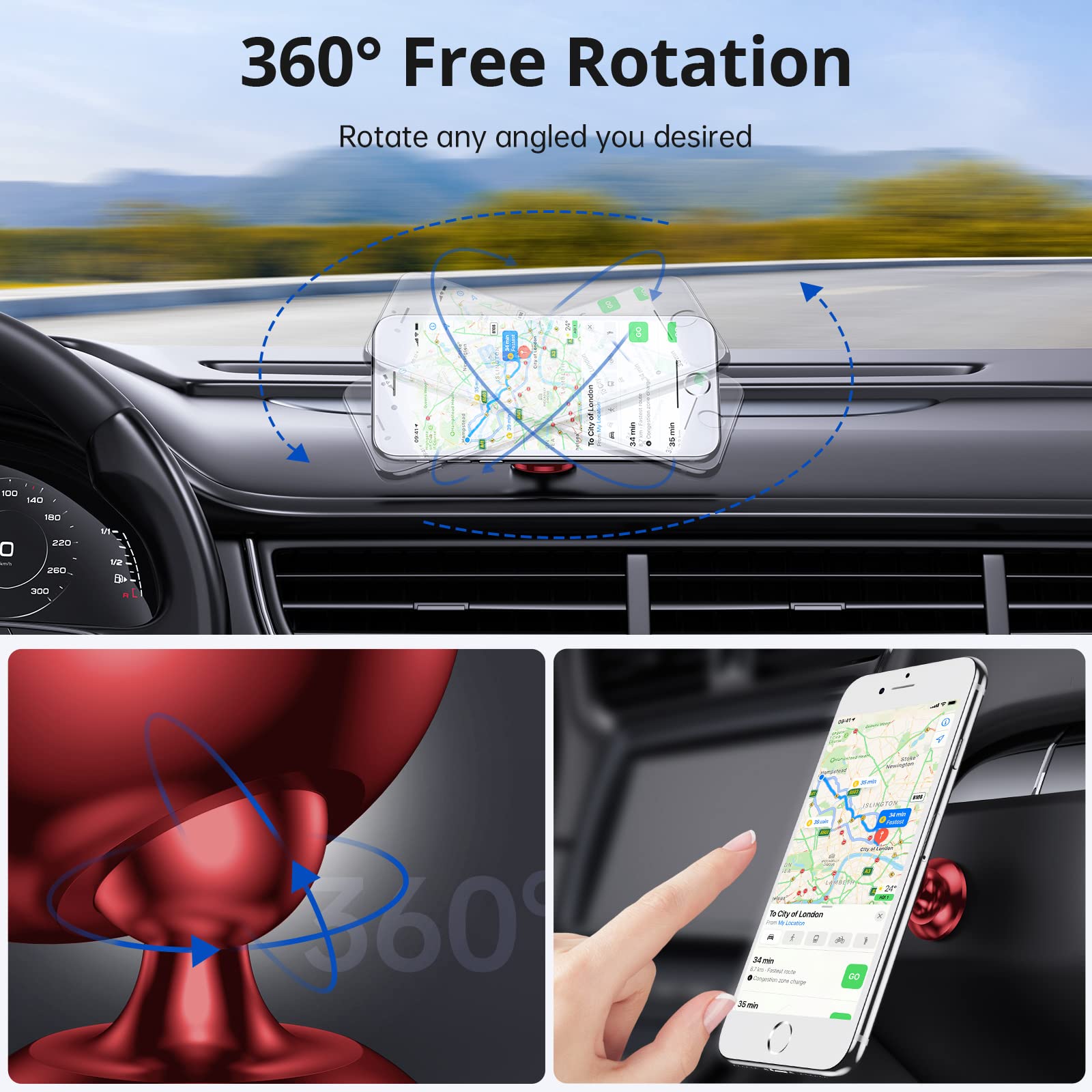 SYNCWIRE Magnetic Car Phone Holder for Dashboard - 360° Adjustable Strong Magnet Phone Mount Compatible with iPhone 15/14/13, Samsung Galaxy S23/S22, LG, GPS & Mini Tablets (Red) | Perfect for Safe Driving, Hands-Free Navigation & Road Trips