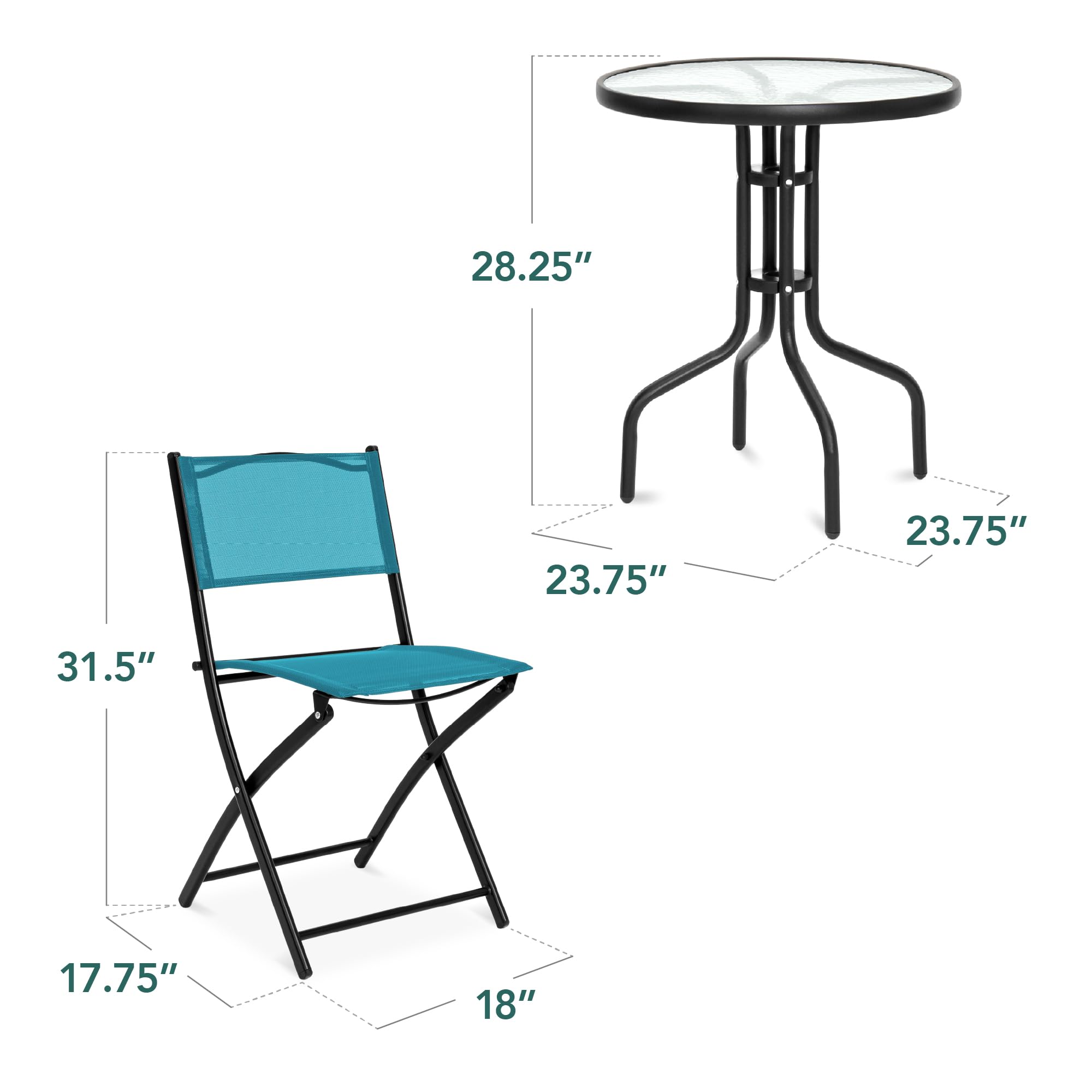 Best Choice Products 3-Piece Patio Bistro Set with Textured Glass Tabletop & 2 Steel Folding Chairs - Peacock Green Outdoor Dining Furniture for Garden, Balcony, or Backyard Relaxation