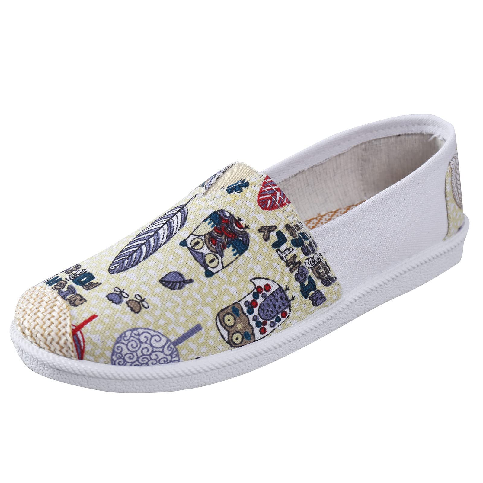 Women's Wide Width Sandals Size 8W - Comfortable Slip-On Casual Shoes with Adjustable Straps, Beige Canvas Cartoon Print - Perfect for Work, Walking & Summer Outfits
