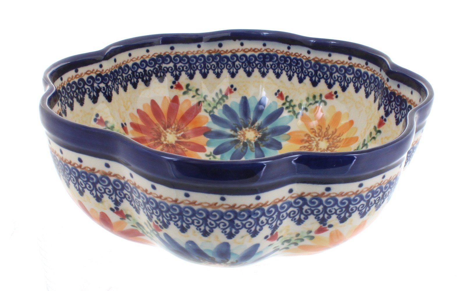 Blue Rose Polish Pottery Autumn Burst Large Scallop Bowl - Handcrafted Ceramic Serving Dish for Soup, Salad & Dessert | Perfect for Thanksgiving, Christmas & Holiday Dining Decor