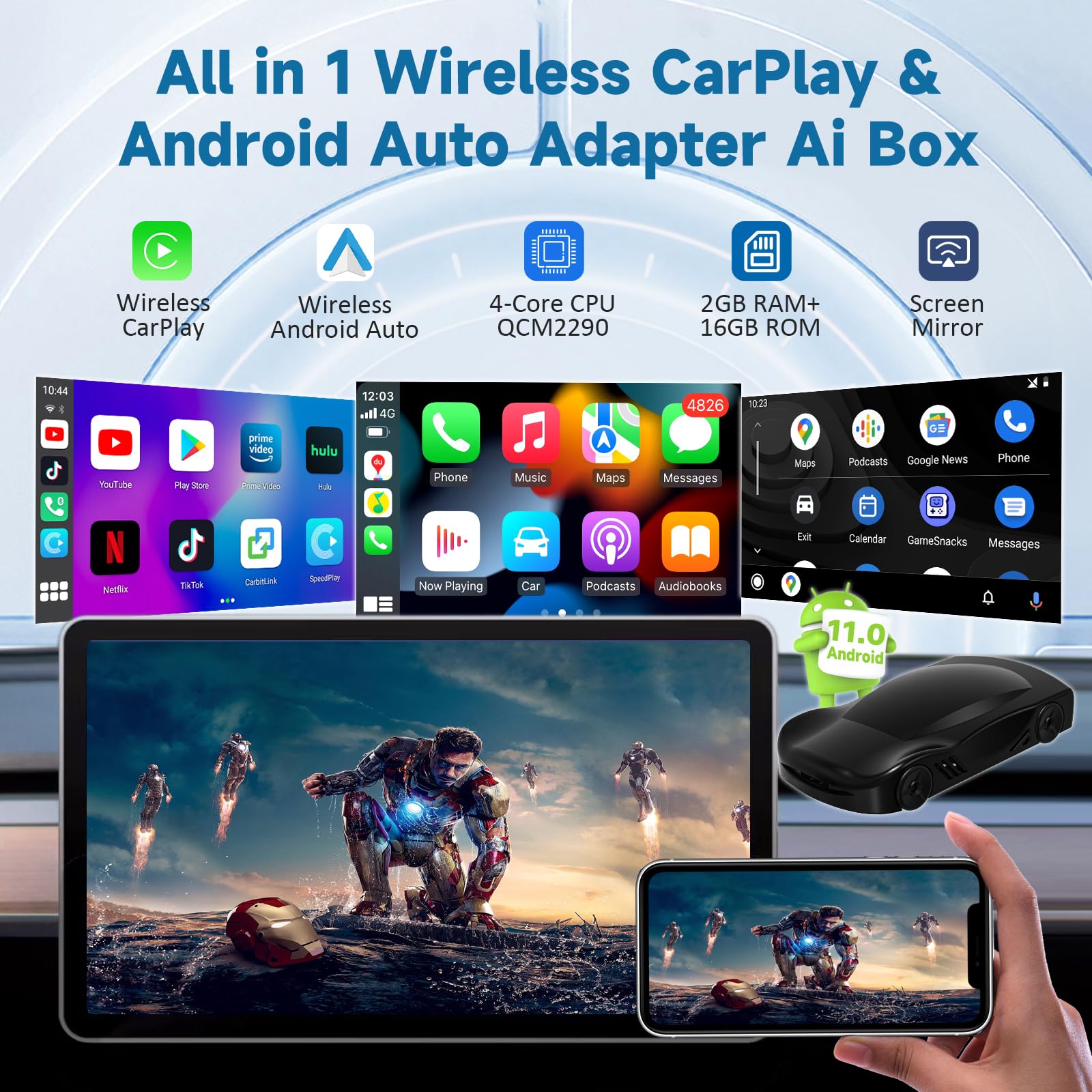 Wireless CarPlay Adapter for iPhone & Android - 5GHz WiFi Android Auto Dongle with Netflix, YouTube, TikTok Support | Factory Wired CarPlay to Wireless Converter | TF Card Slot & Screen Mirroring | Perfect for Long Road Trips & Daily Commuting