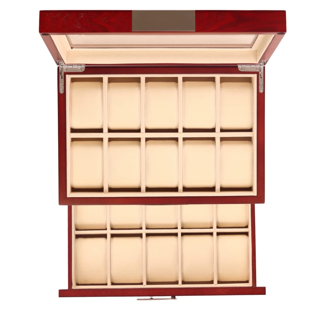 Cherry Oak Wood 20 Slot Watch Display Case & Jewelry Box Storage Organizer - Elegant Watch and Jewelry Organizer for Men & Women - Perfect for Home, Office, and Travel Accessory Storage