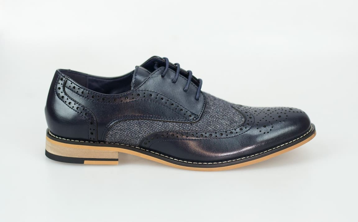 Cavani Horatio Navy Tweed Brogue Shoes for Men | Classic Oxford Dress Shoes | Perfect for Business, Weddings & Formal Occasions