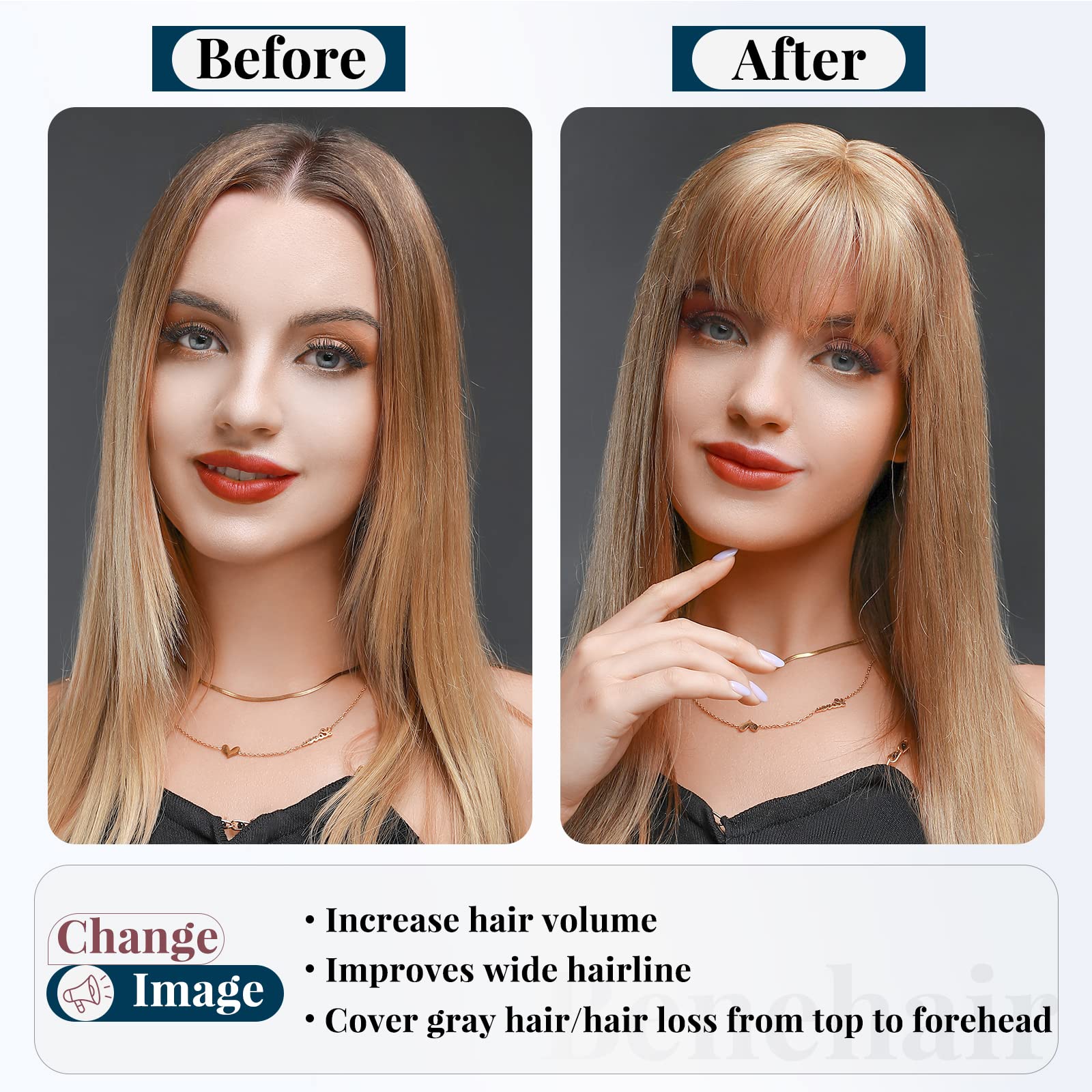 Benehair Clip-in Hair Topper for Women - 16 Inch Human Hair Extension with Thin Bangs, Silk Base, Straight & Soft (Dark Brown #2) | Perfect for Hair Loss, Thinning & Styling