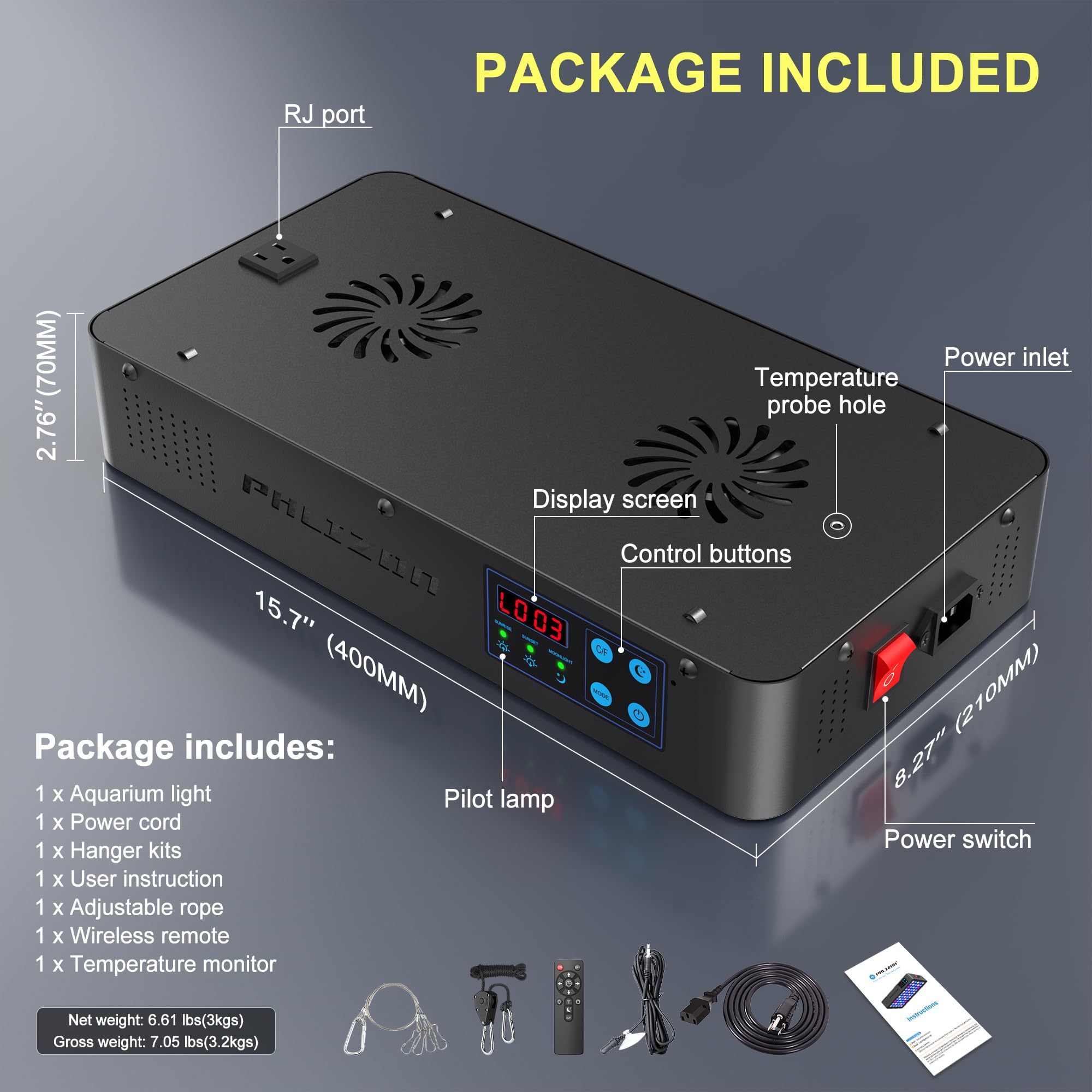 Phlizon 165W Dimmable LED Aquarium Light with Timer & Temperature Monitor - Full Spectrum Fish Tank Light for Coral Reef, Marine Fish, LPS/SPS - Perfect for Saltwater Tanks, Aquatic Plant Growth & Home Aquascaping