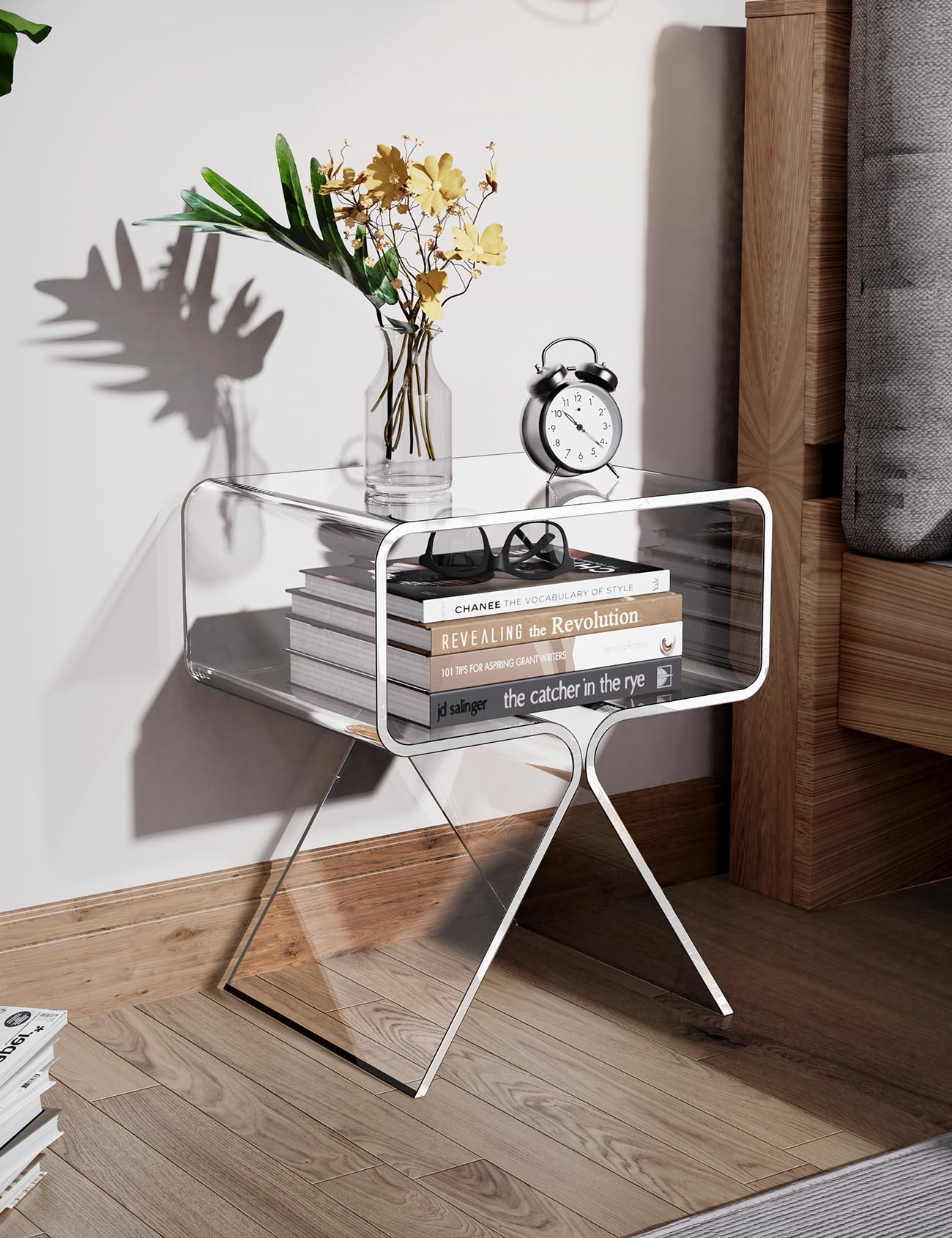 Modern Clear Acrylic Nightstand Side Table - Minimalist End Table for Living Room, Bedroom & Office - Home Decor Display Shelf for Books, Lamps & Decorations