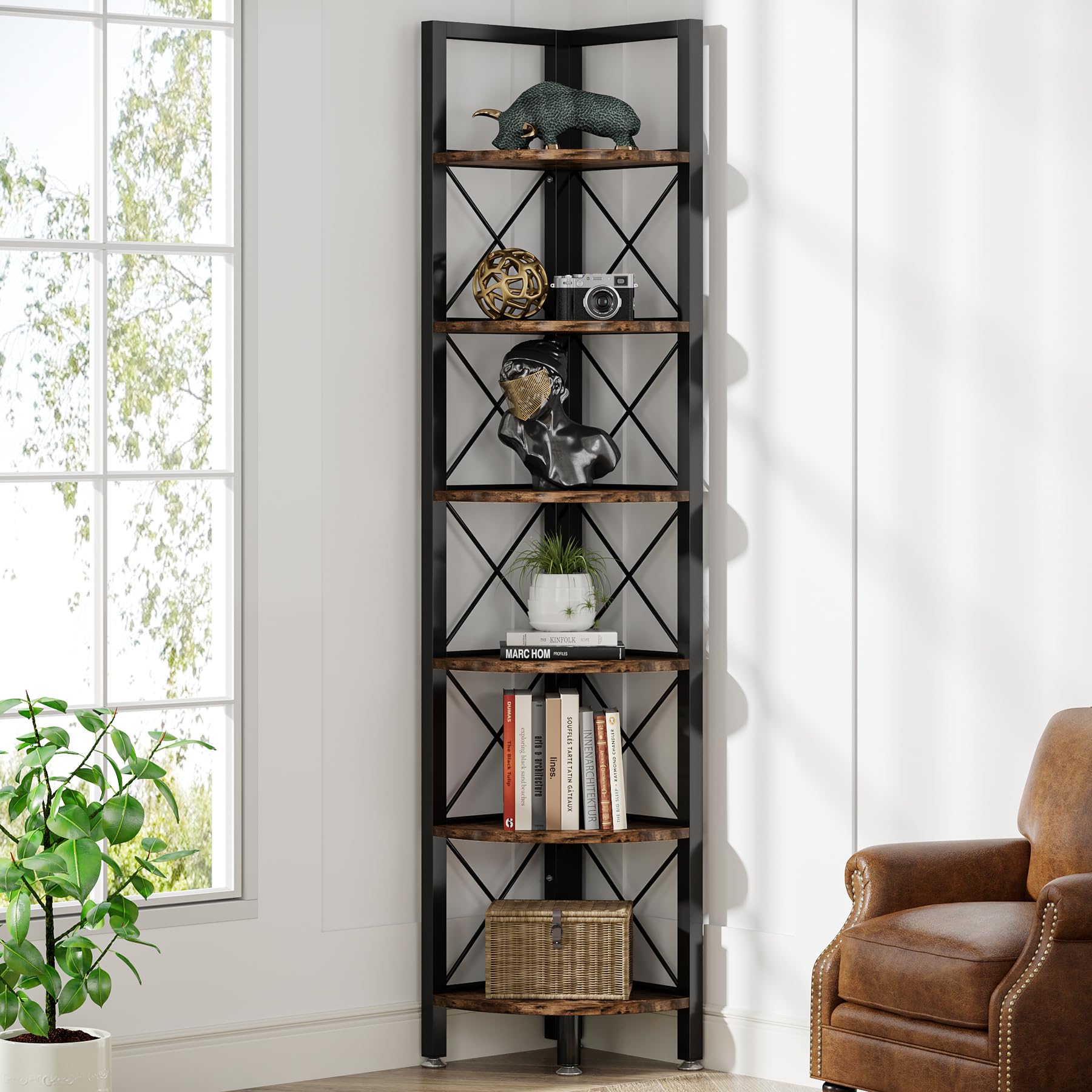 Tribesigns 6-Tier Corner Shelf - Rustic Wood Bookcase & Storage Rack for Books, Plants & Decor | Space-Saving Corner Organizer for Living Room, Home Office, Kitchen | Perfect for Small Apartments & Cozy Spaces