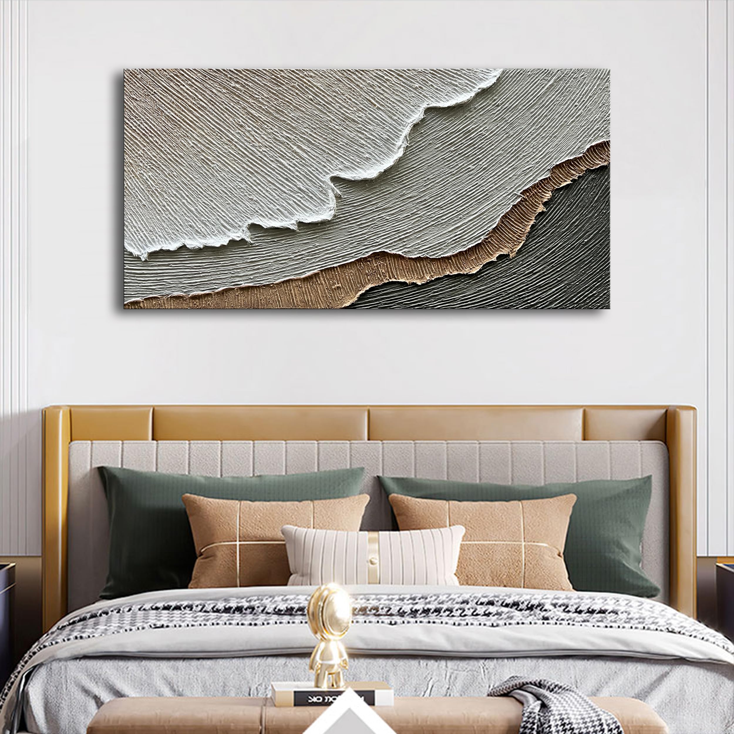 Hand-Painted Thick Texture Abstract Beach Wave Landscape Oil Painting - 24x48 Inch Wall Art for Living Room, Bedroom & Office Decor | NANKAI Premium Home Decoration