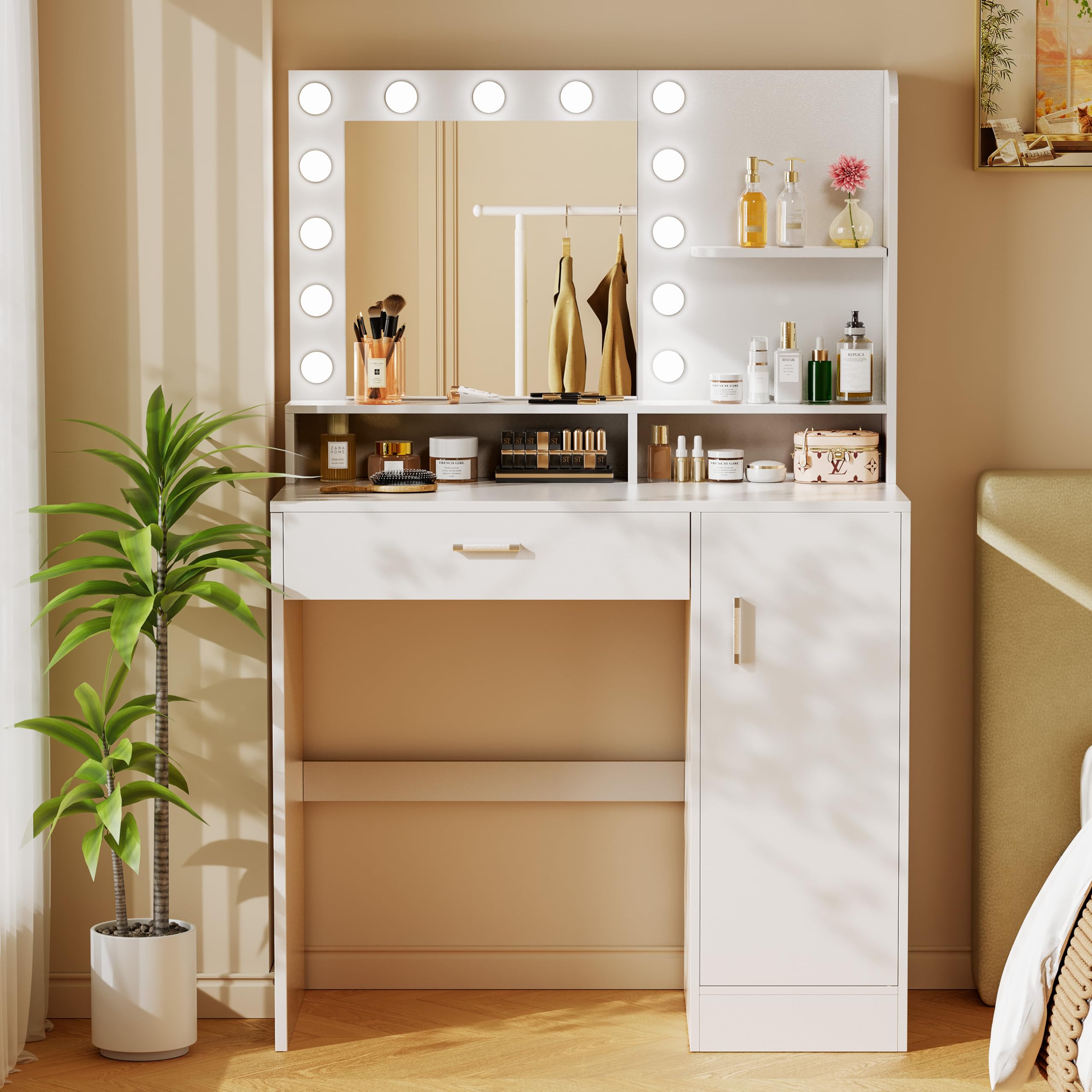 Vanity Desk with Mirror & LED Lights - White Makeup Dressing Table with Storage Drawers & Cabinet, 3 Lighting Modes & 10 Brightness Levels - Perfect for Bedroom, Dressing Room & Home Salon (Ideal for Makeup Application, Skincare Routine & Beauty Organization)