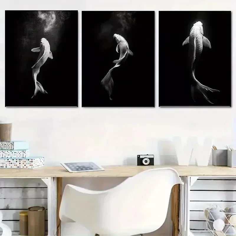 3-Piece Oriental Koi Fish Ink Art Canvas Set - Modern Framed Wall Decor 50x70cm | High Quality Print | Ready to Hang | Perfect for Living Room, Bedroom & Office Decor