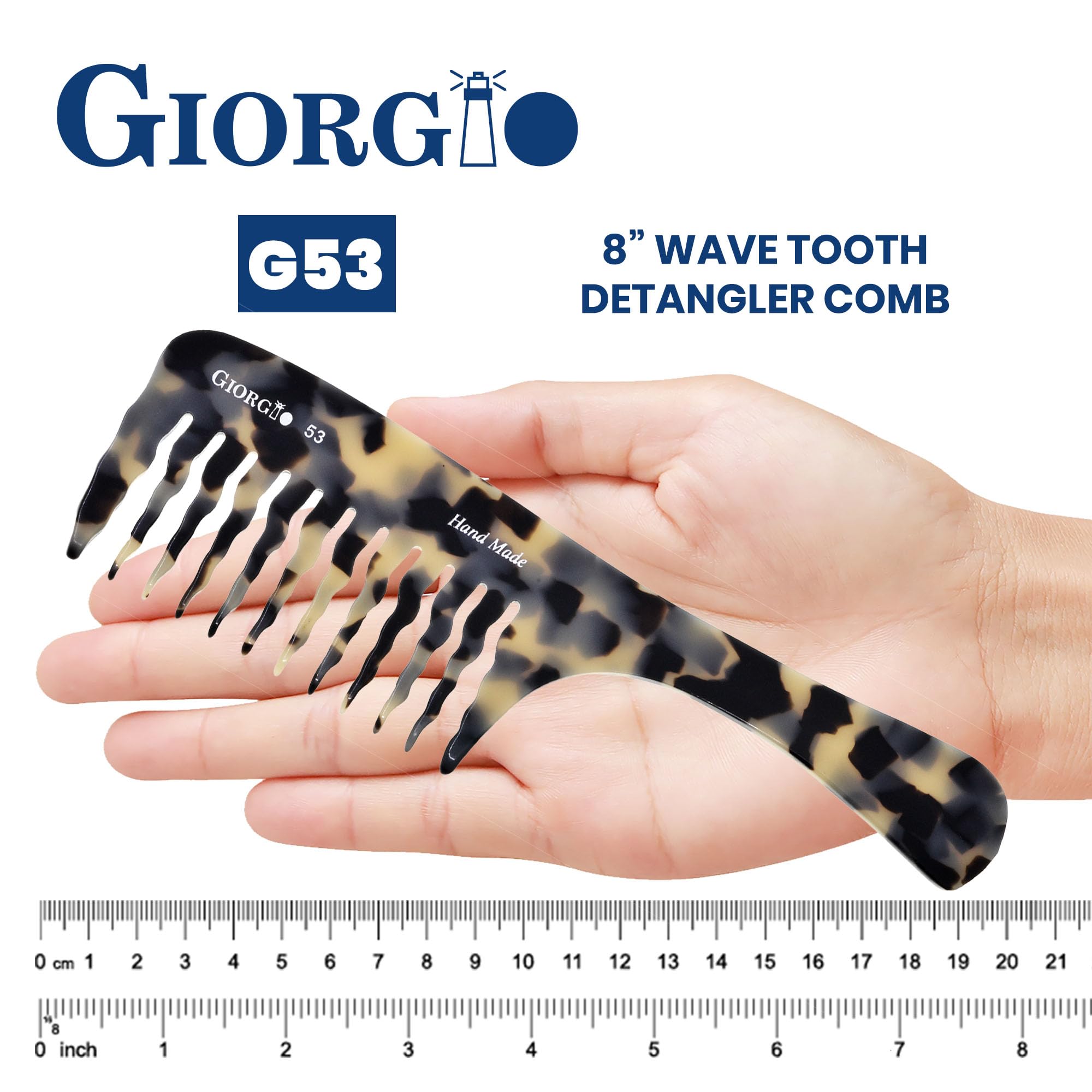 Giorgio G53 Wide Tooth Comb for Curly Hair Detangler - Handmade Wooden Rake Comb for Thick, Wet & Dry Hair - Perfect for Salon Styling, Home Hair Care & Travel