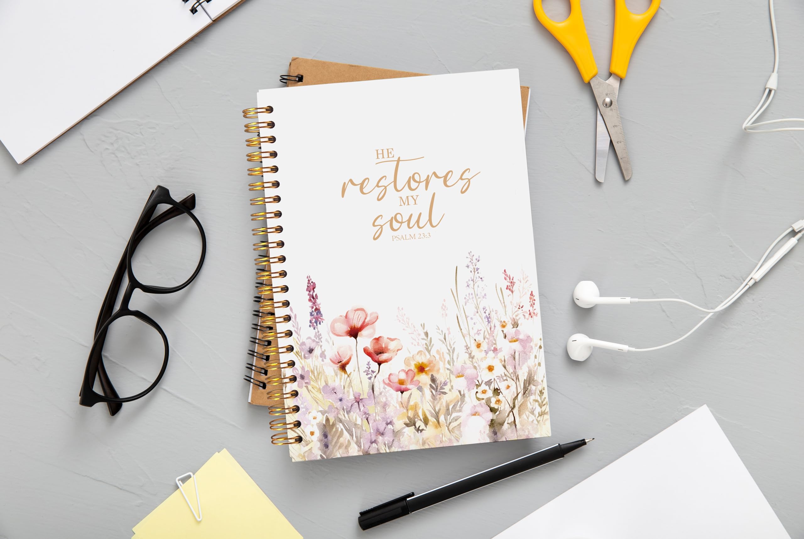 Christian Notebook for Women - Floral Spiral Prayer Journal with Bible Verse (Psalm 23:3) - 5.5x8.3 Inspirational Gift - Perfect for Bible Study, Devotional Writing & Personal Reflection