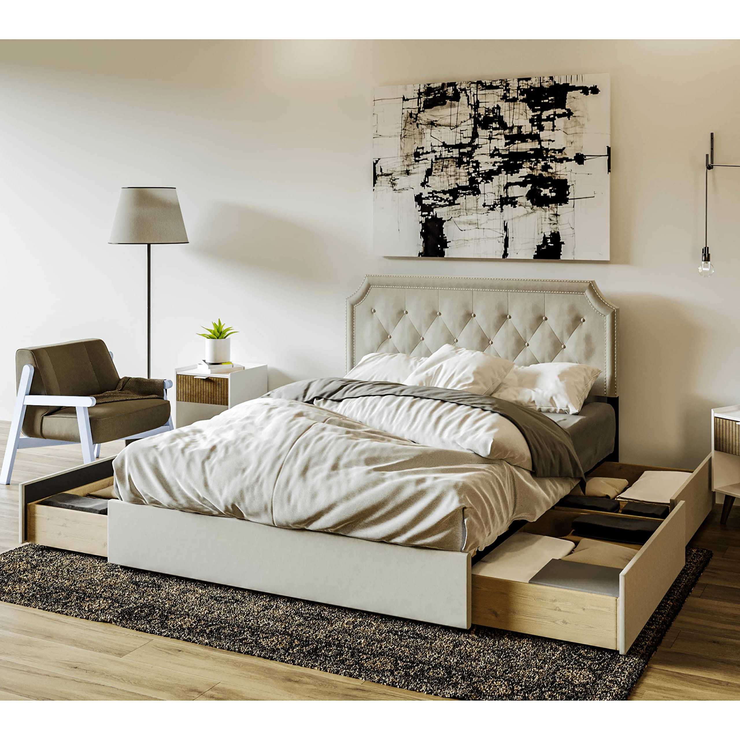 DG Casa Ardon Upholstered Platform Bed Frame with Storage Drawers - Queen Size Beige Fabric, Diamond Button Tufted Headboard with Nailhead Trim, Adjustable Height, Wooden Slats (No Box Spring Needed) for Master Bedroom, Guest Room & Small Space Living