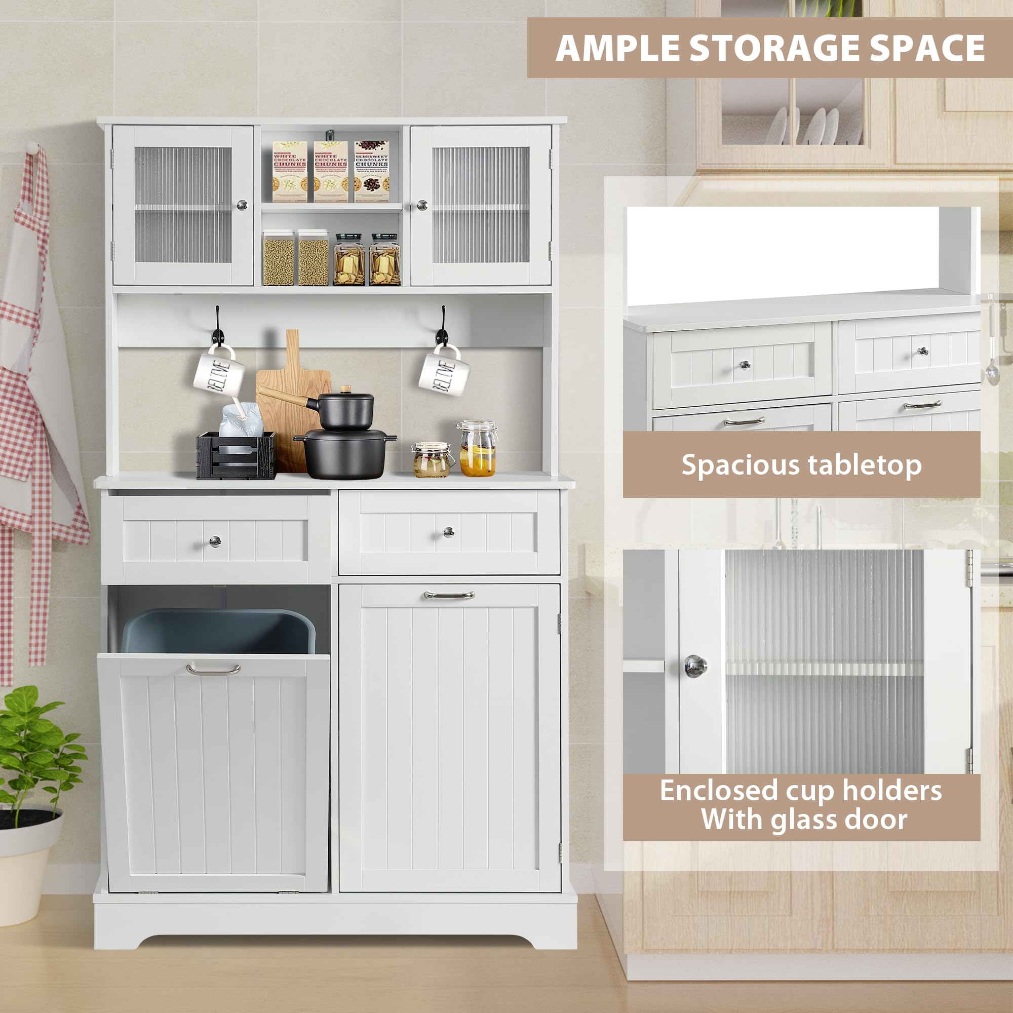 White Tilt-Out Trash Cabinet - Solid Wood Hideaway Trash Can with 2 Drawers, Freestanding Storage Cabinet for Kitchen Recycling & Waste Disposal - Perfect for Small Spaces & Home Organization