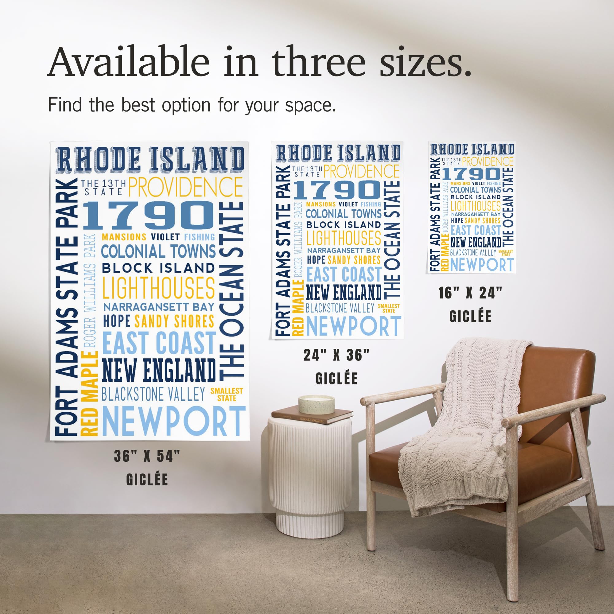Lantern Press 16x24 Inch Giclee Print - Rhode Island Coastal Typography Art - Wall Decor for Living Room, Bedroom & Office