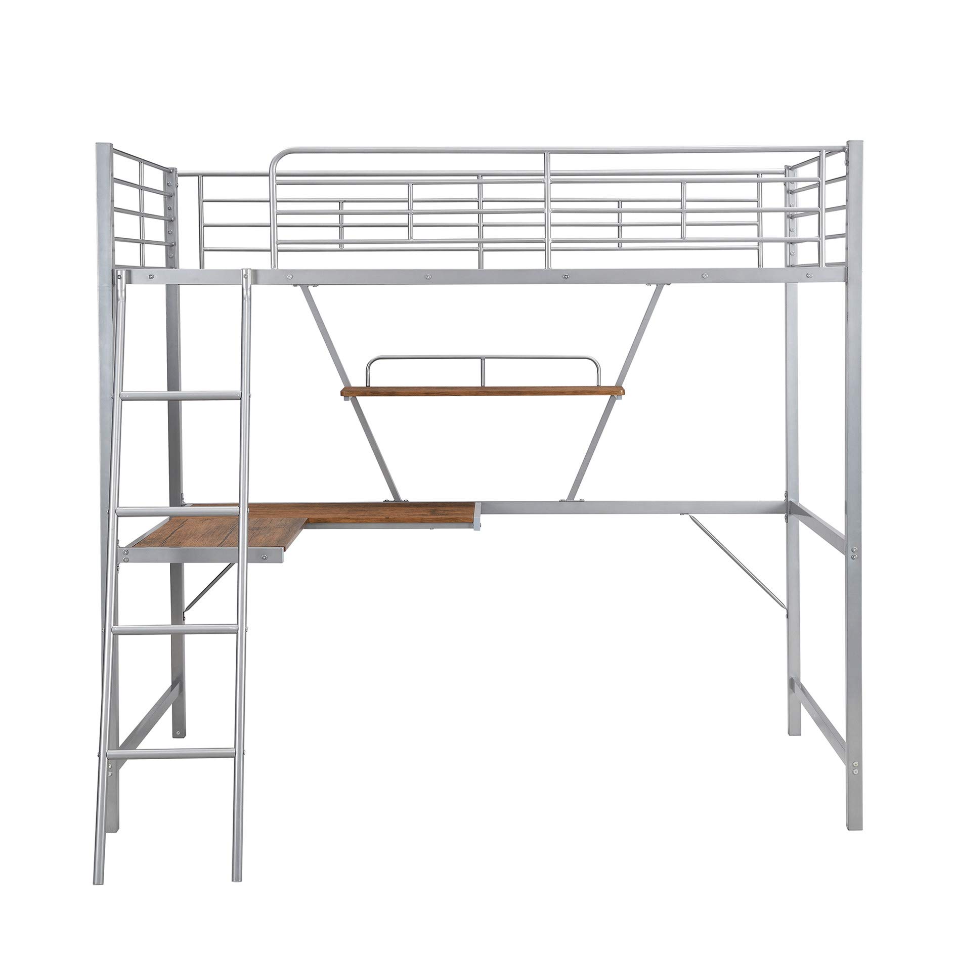 Harper & Bright Designs Twin Metal Loft Bed with Study Desk & Storage Shelves - Sturdy Space-Saving Bunk Bed Frame with Safety Guardrails & Ladder for Kids, Teens & Adults (Silver) - Perfect for Small Bedrooms, Dorms & Studio Apartments