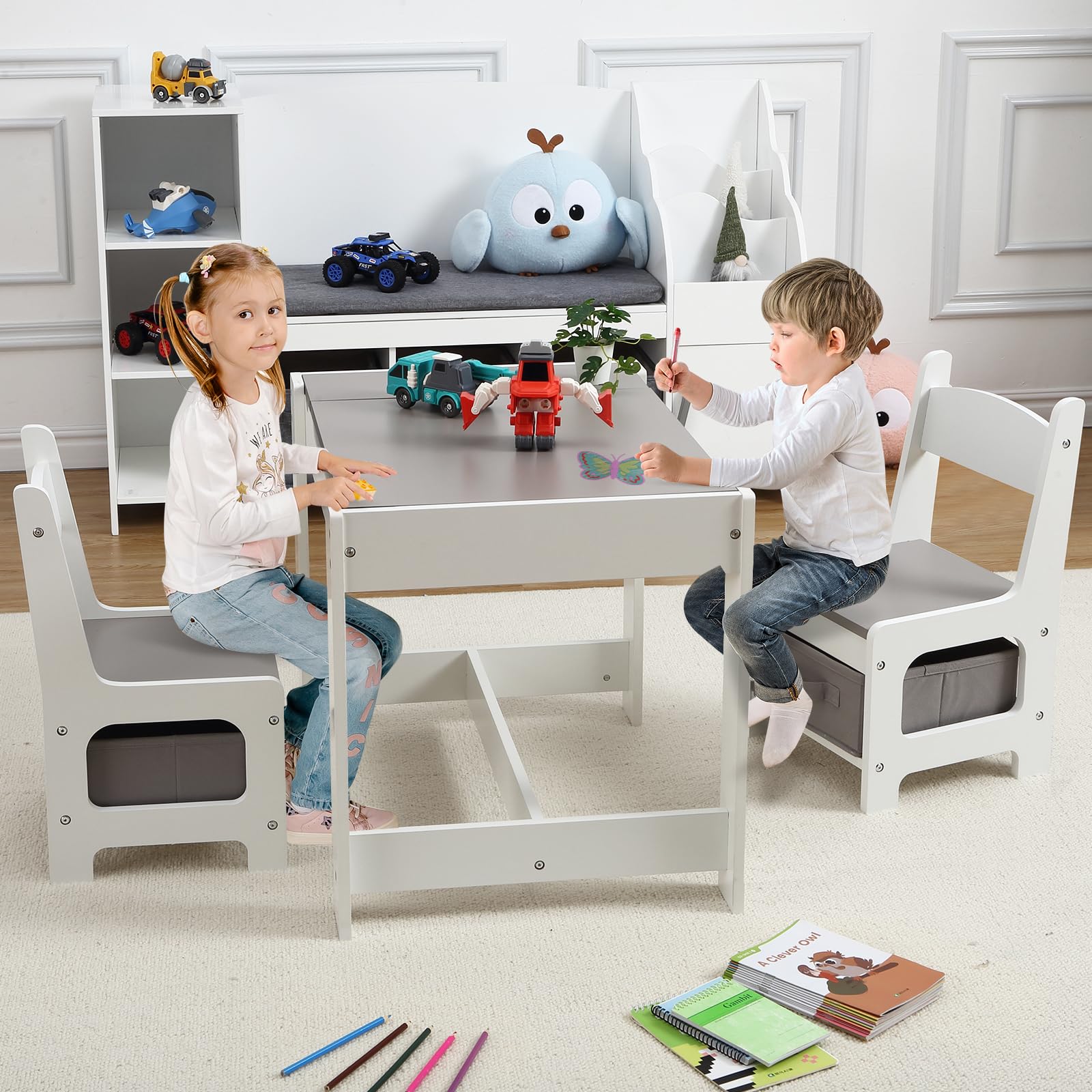 3-in-1 Kids Table and Chair Set with Storage & Removable Blackboard Top - Toddler Activity Table for Art, Crafts, Drawing, Reading - Perfect for Playroom, Preschool & Homeschool Learning (Grey)