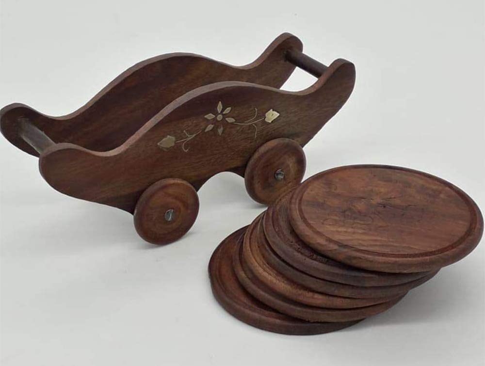 Handmade Wooden Coaster Set of 6 for Tea, Coffee & Drinks with Holder - Natural Wood Cup Coasters for Home, Office & Dining Table Decor