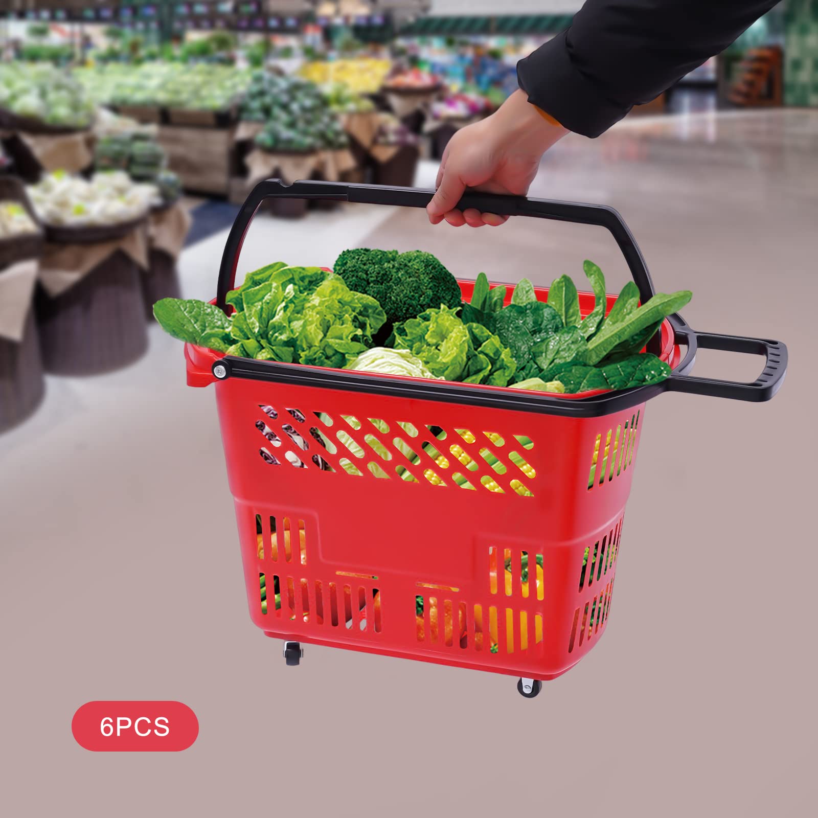 Gdrasuya10 6-Pack 35L Rolling Shopping Baskets with Wheels & Handle - Durable Plastic Grocery Cart (Red) - Perfect for Supermarkets, Warehouse Stores & Home Organization