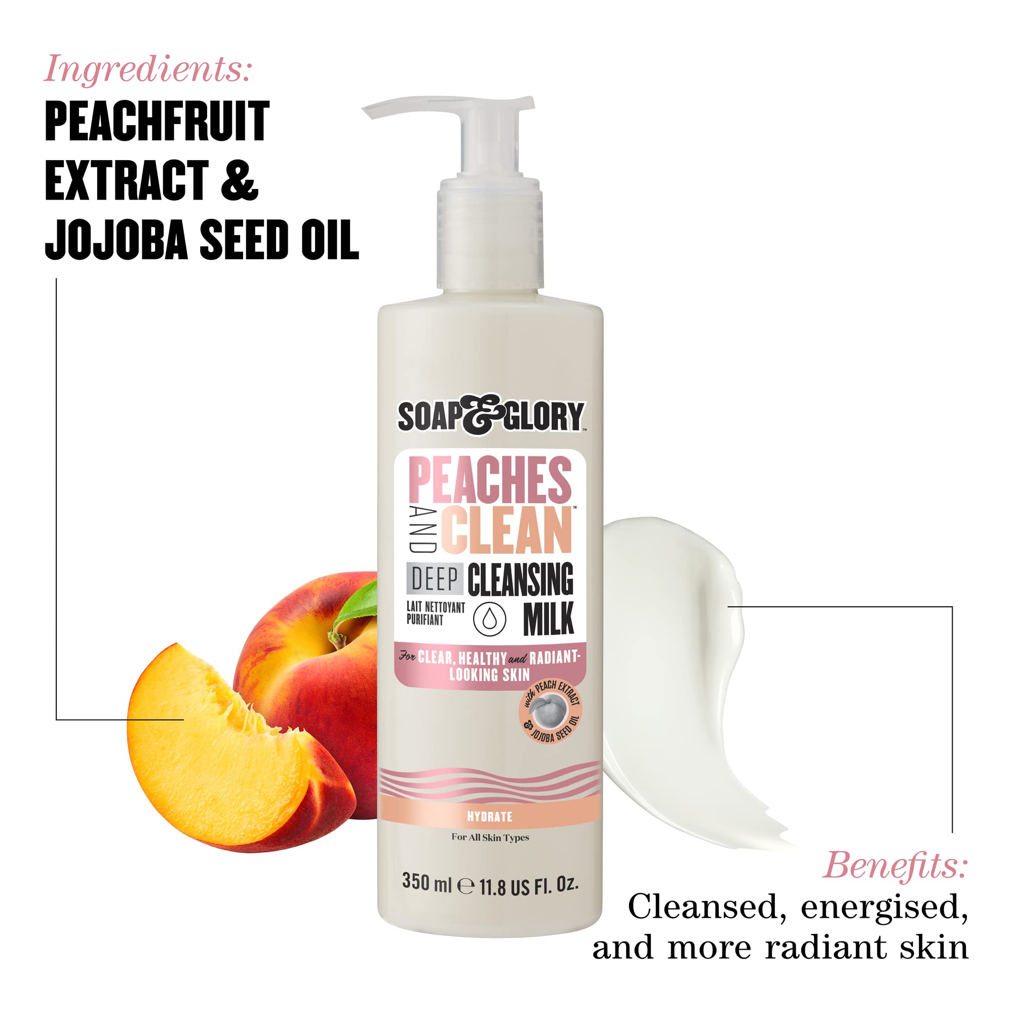 Soap & Glory Peaches & Clean 4-in-1 Deep Cleansing Milk with Peach Extract, Ginseng & Jojoba Oil - Hydrating Makeup Remover & Facial Cleanser for Clarified, Energized Skin (350ml) - Perfect for Daily Skincare Routine & Travel-Friendly Beauty Essential