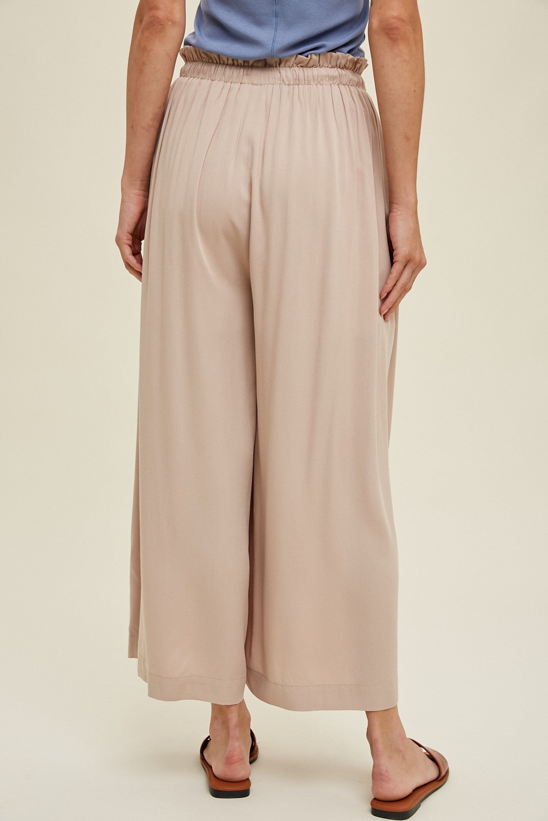 Beige Pleated Elastic Waist Wide Leg Crop Pants for Women - Comfortable High Waist Palazzo Trousers for Casual, Office & Travel Outfits