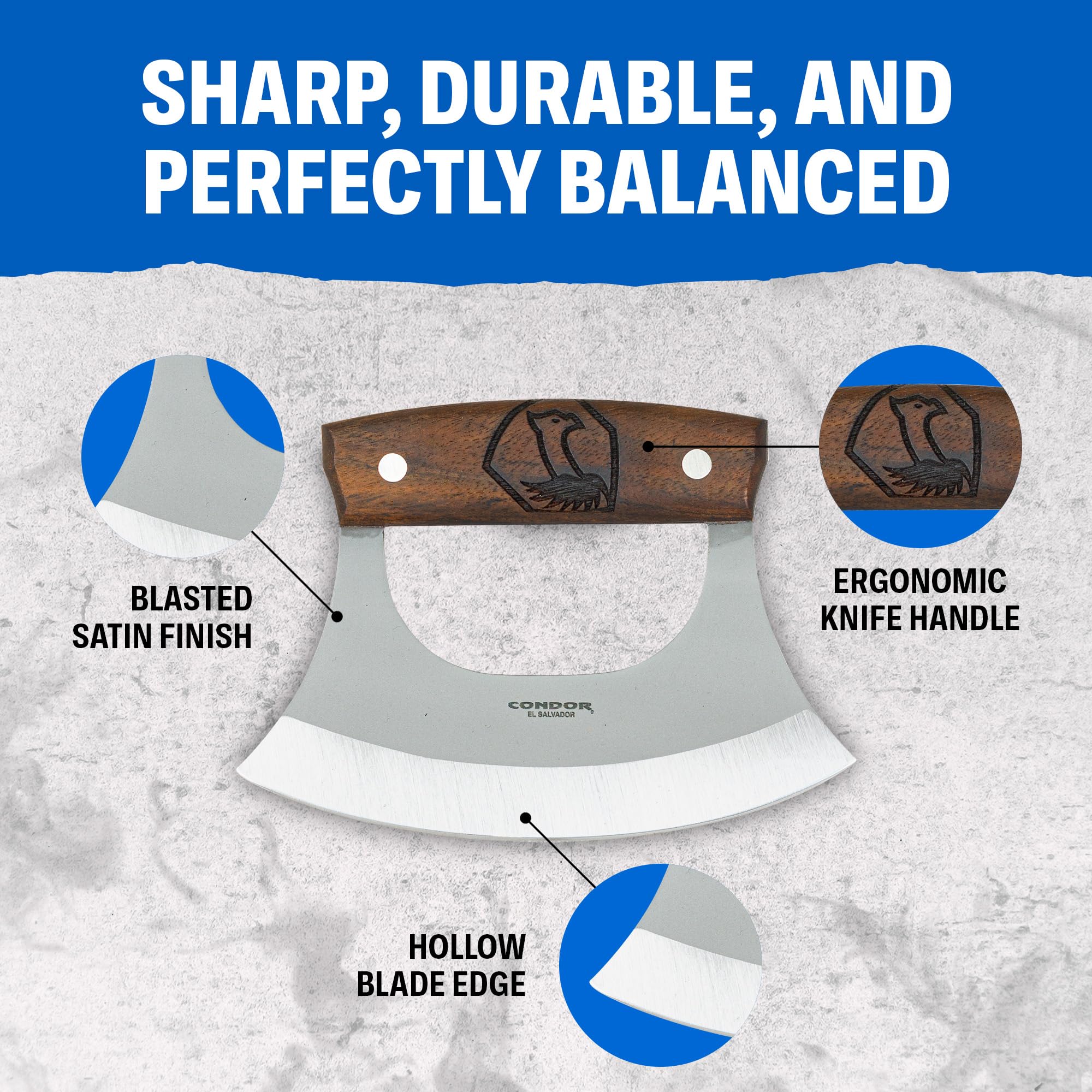 Condor Tool & Knife Ulu Knife - 1075 High Carbon Steel Blade with Walnut Handle & Leather Sheath - Perfect for Chopping Vegetables, Meat, Herbs - Great for Kitchen, Camping, Survival & Outdoor Cooking