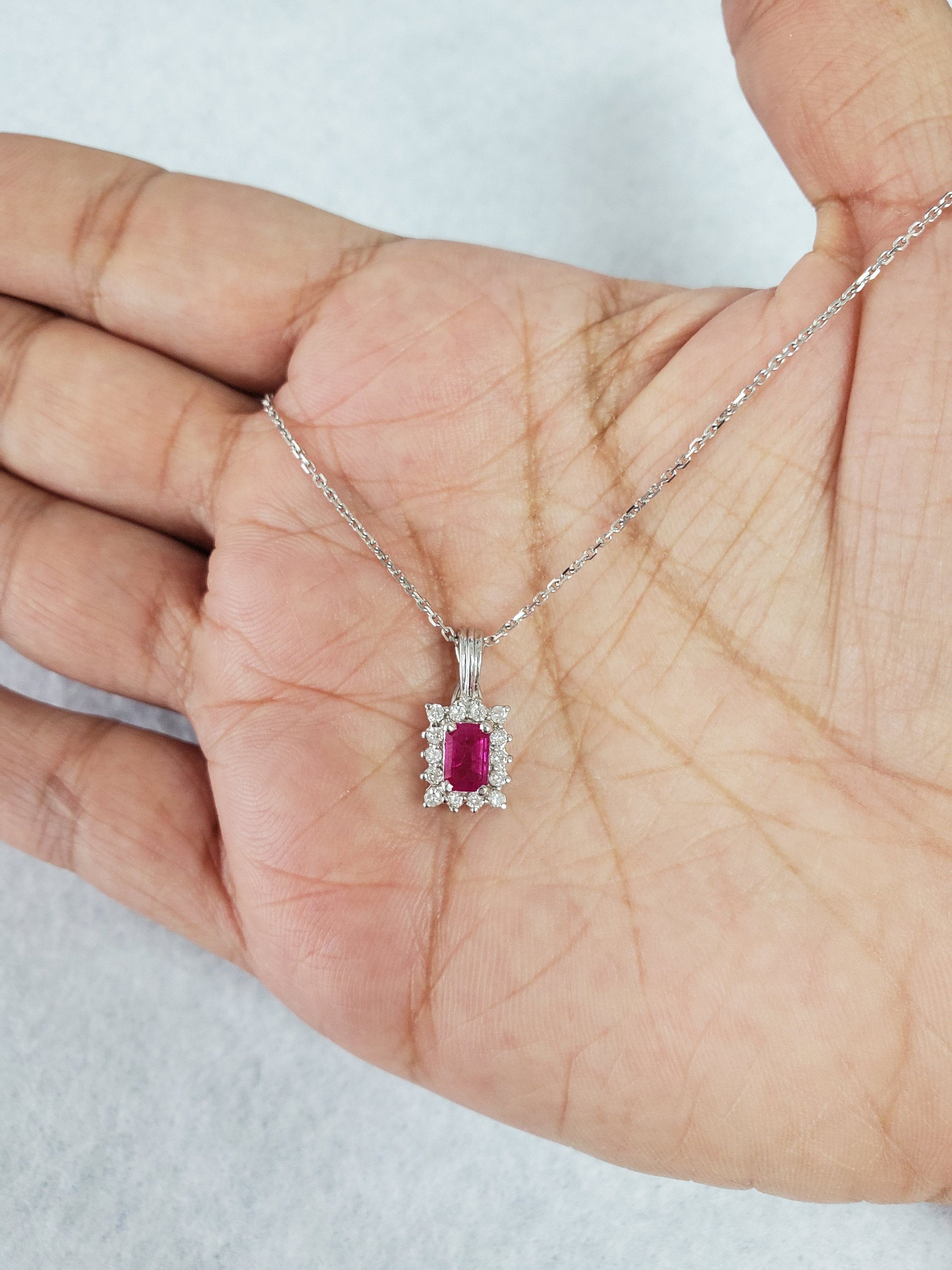 14K White Gold Ruby & Diamond Halo Pendant Necklace - 0.87cttw Genuine Gemstone Jewelry for Women, Perfect Gift for Anniversary, Valentine's Day & Special Occasions