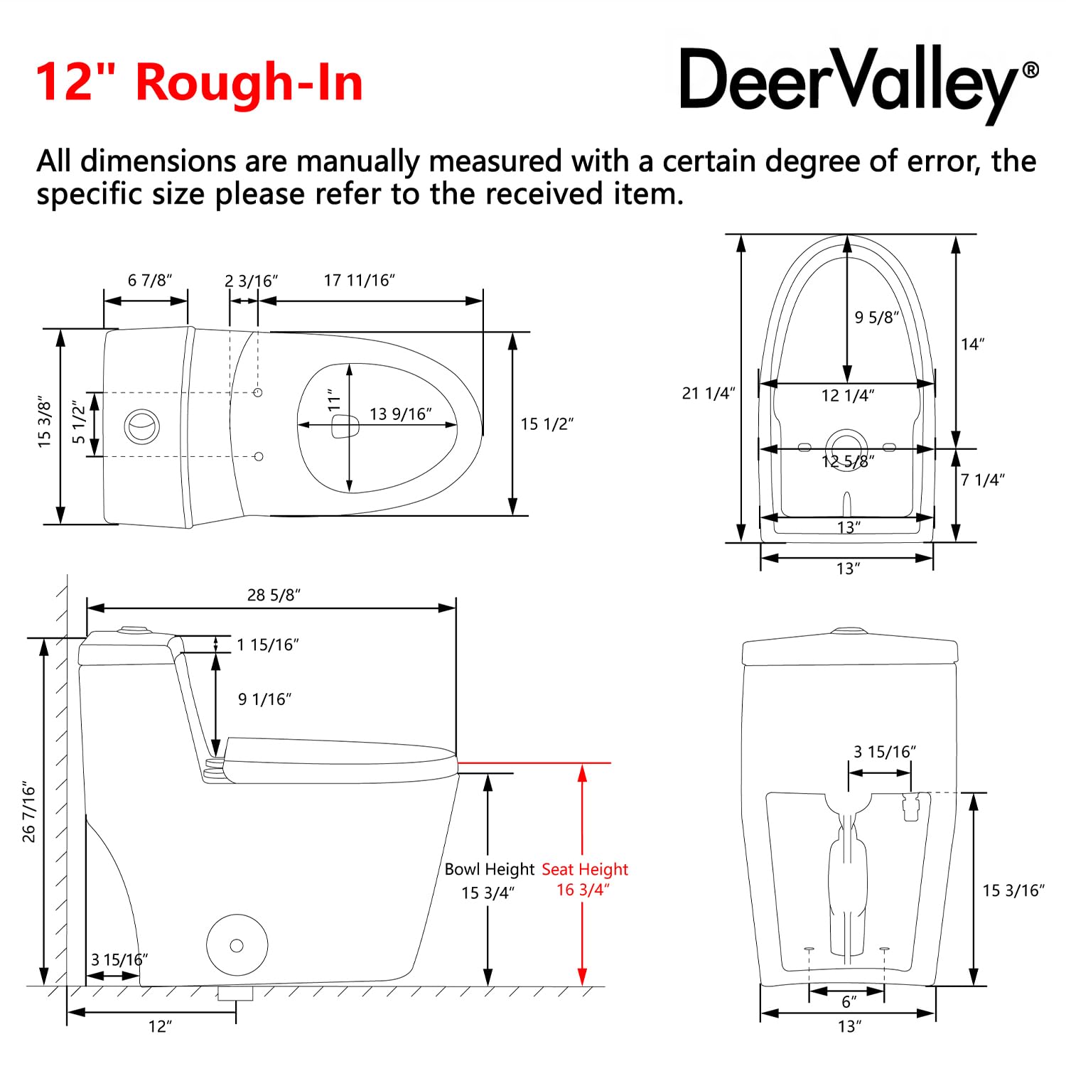 DeerValley White Elongated One-Piece ADA Toilet - 1.1/1.6 GPF Dual Flush High-Efficiency Bathroom Toilet with 17