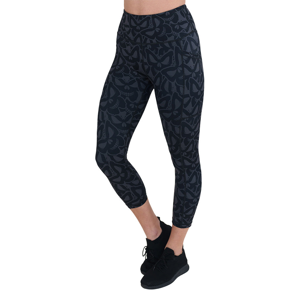 Flutter Skull Print Yoga Pants for Women - Gothic Halloween Workout Leggings - Perfect for Gym, Running, and Costume Parties