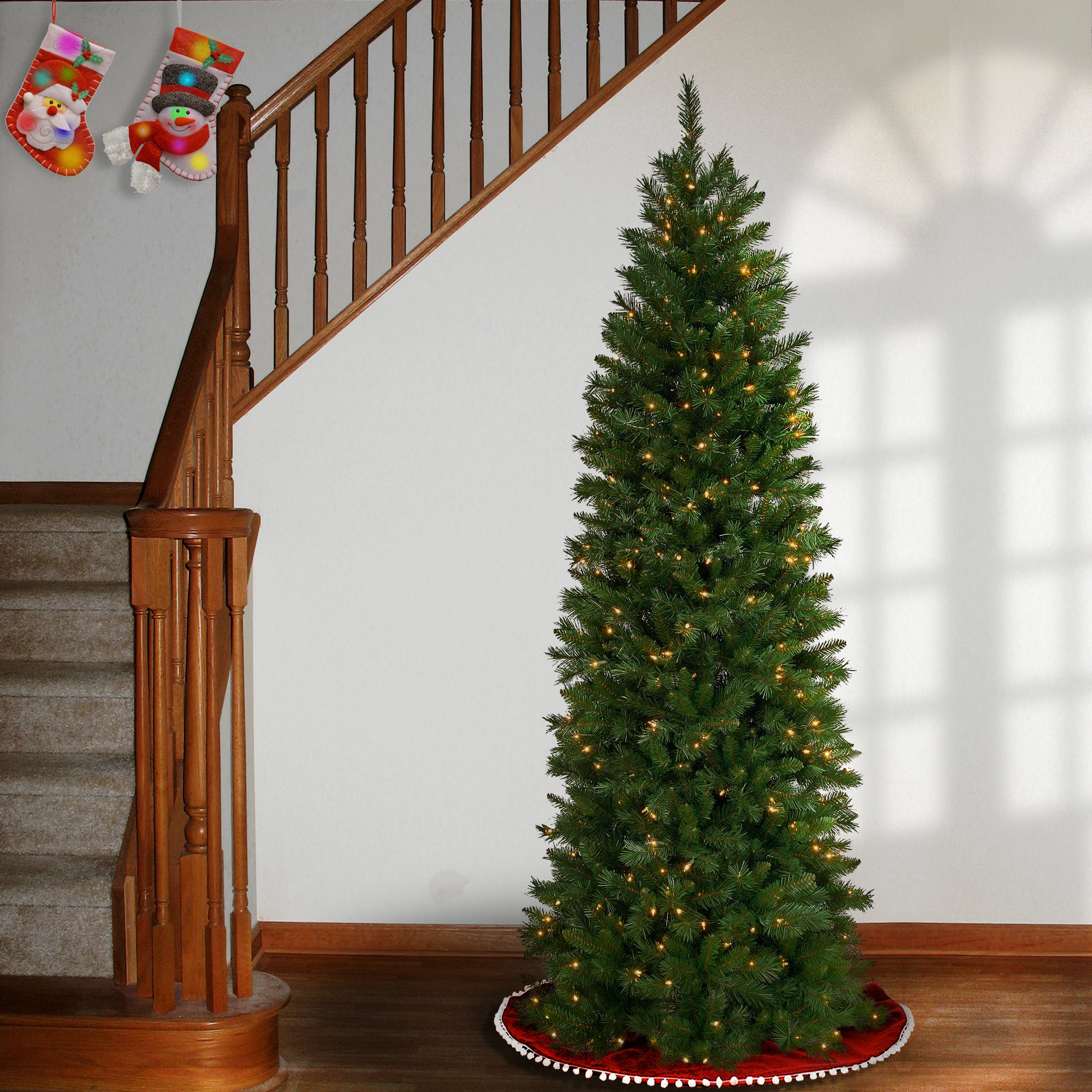 7.5 ft Pre-Lit Pennington Fir Pencil Christmas Tree with 300 Clear LED Lights - Slim Artificial Holiday Tree for Small Spaces, Apartments & Office Decor