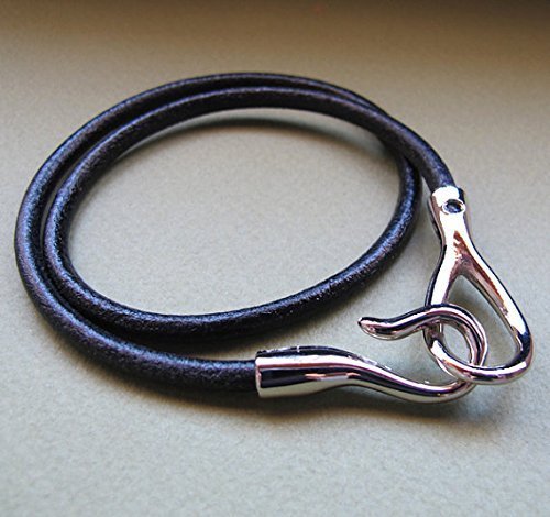 Silver Hook Bracelet for Men - Black Leather Cord Wristband with Secure Hook Closure - Stylish Wrap Bracelet for Him - Durable Leather Mens Jewelry - Perfect for Casual Wear, Date Nights & Gifts