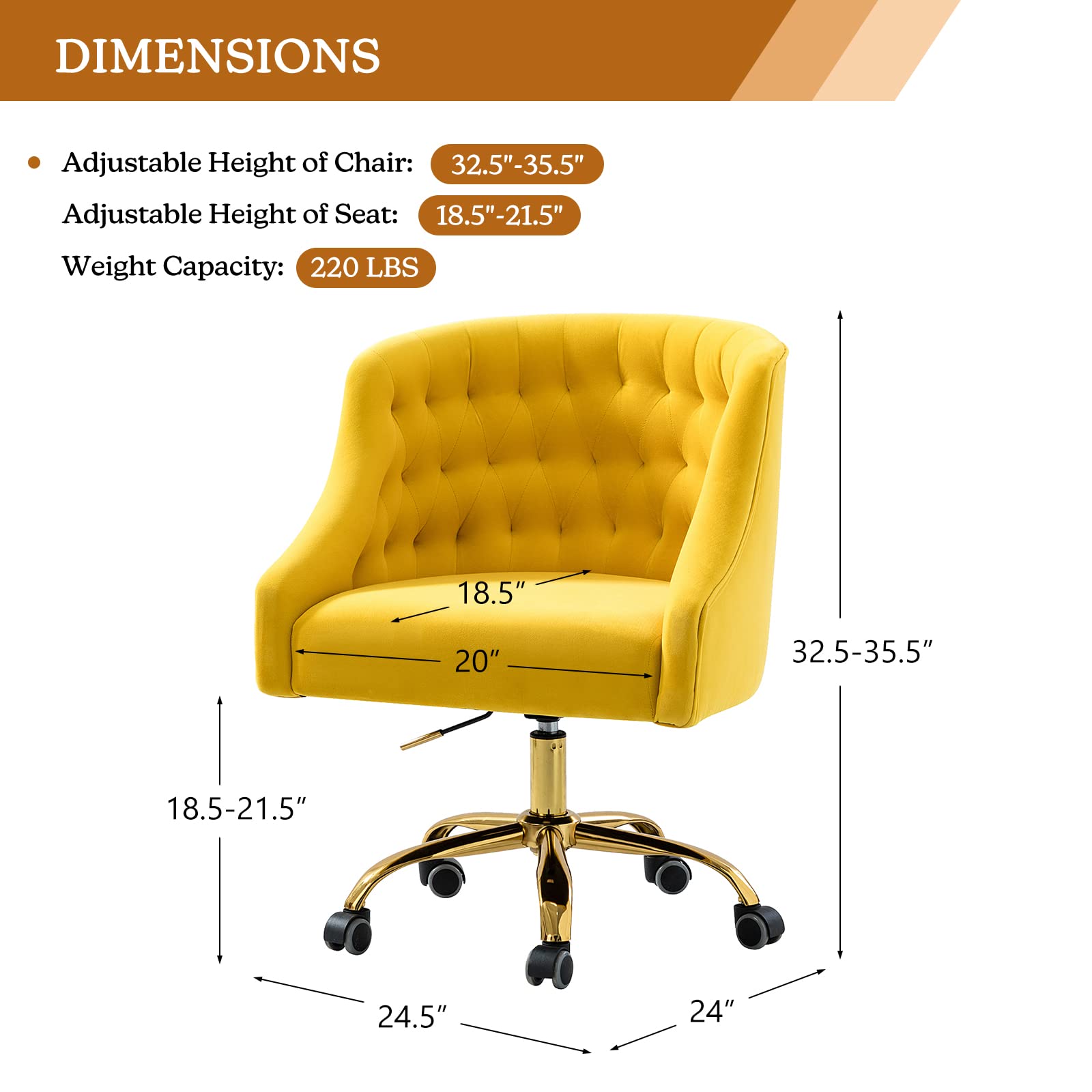 Luxury Velvet Home Office Chair with Gold Base - Adjustable Swivel Task Chair for Living Room, Bedroom & Study - Modern Ergonomic Desk Chair for Women - Perfect for Work From Home, Gaming & Vanity Areas (Yellow)