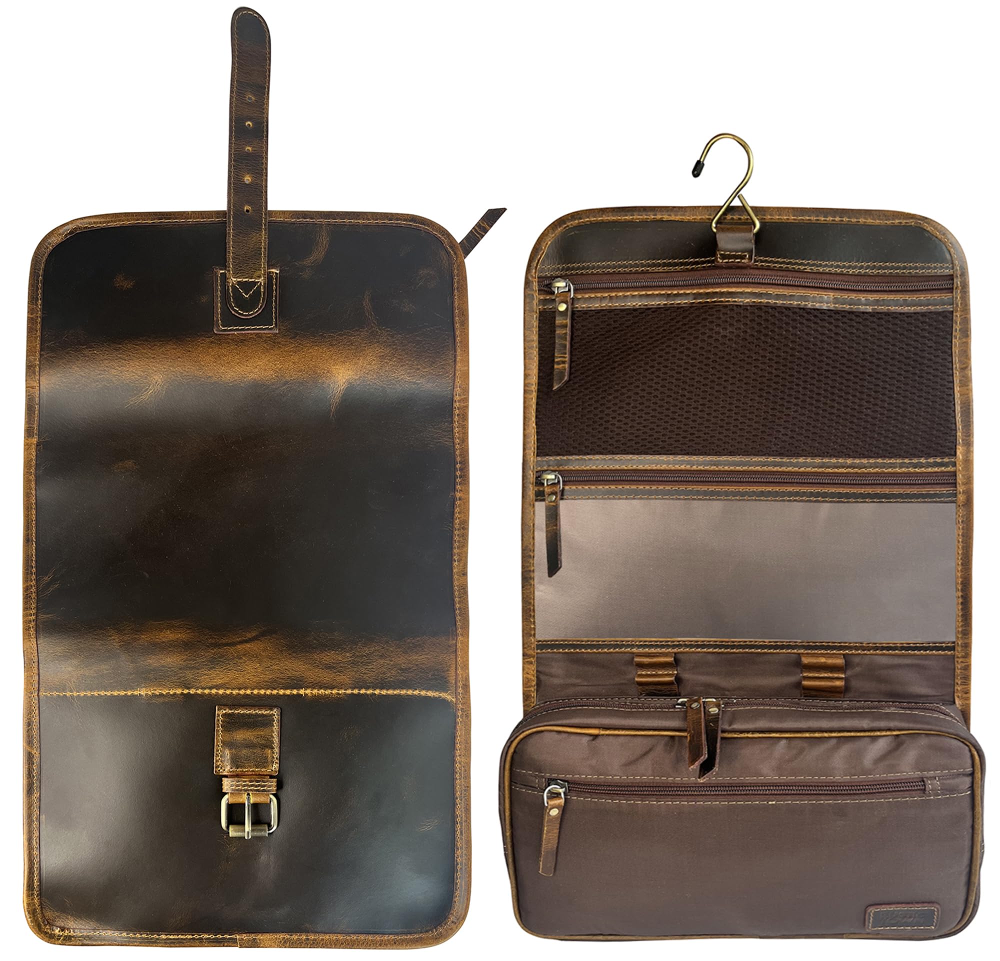 RUSTIC TOWN Genuine Leather Hanging Toiletry Bag for Men & Women - Waterproof Travel Shaving Dopp Kit - Bathroom Shower Organizer with Multiple Pockets - Perfect for Camping, Gym, Business Trips & Vacation Essentials Storage
