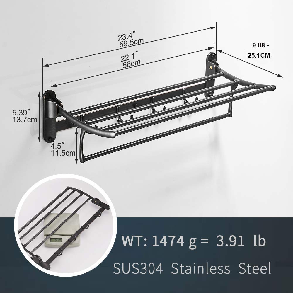 BESy Oil Rubbed Bronze Brass Hand Towel Bar - Foldable Towel Rack with Shelf & Hooks for Bathroom, Kitchen, Spa - Rust-Resistant Bathroom Accessories for Home Decor