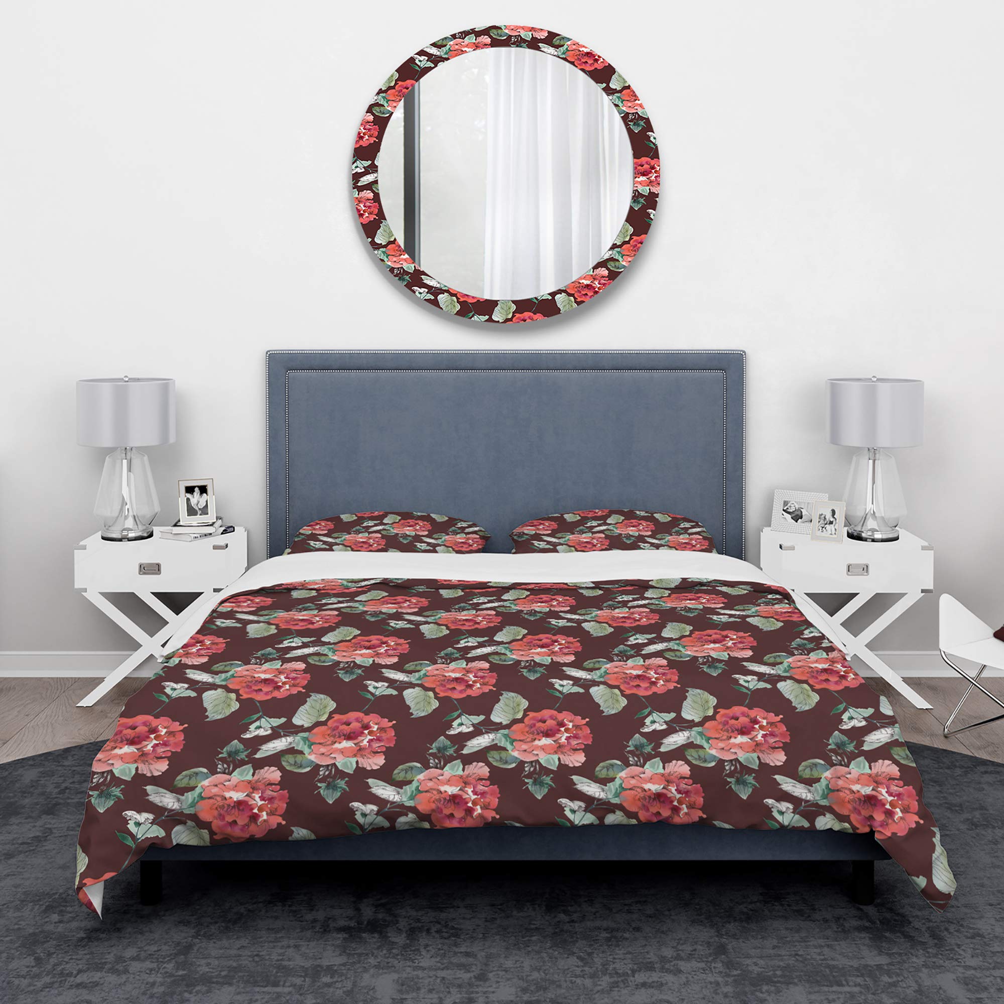 DesignQ Red Rose Floral Duvet Cover Set King Size - 3 Piece Nautical Coastal Bedding with Brown Background | Soft Pink All-Season Comforter Cover | Perfect for Beach House, Master Bedroom & Guest Room Decor
