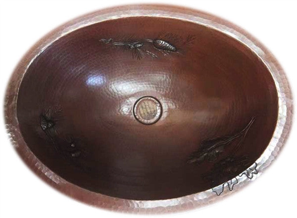 Modern Flat Edge Oval Copper Sink with Natural Branch Pinecones Design - Farmhouse & Rustic Kitchen Bathroom Vanity Decor