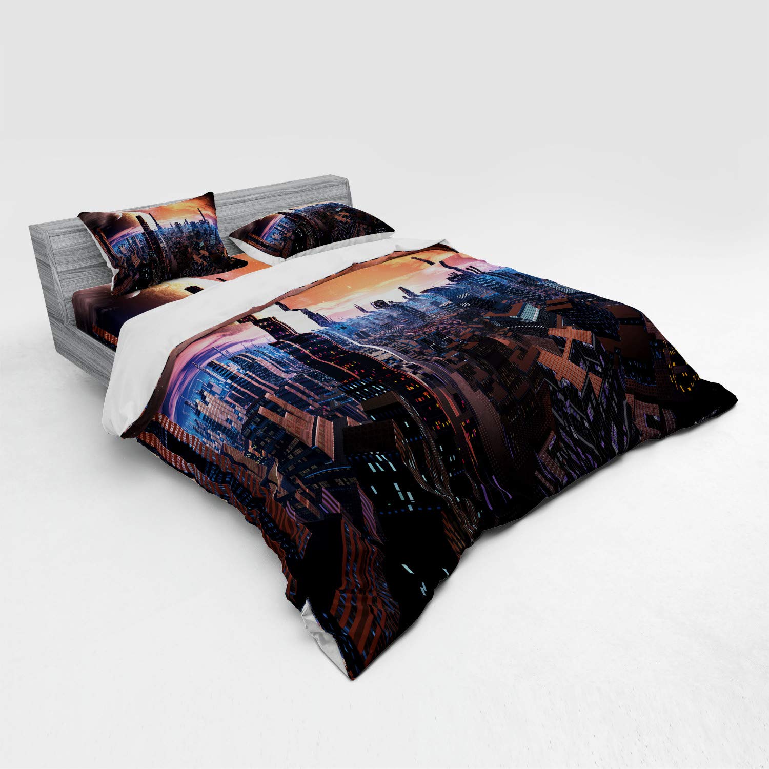 Ambesonne Futuristic Cityscape Duvet Cover Set - Sci-Fi Inspired Distant World Design with Planets in Sky, 4-Piece King Size Bedding Set (Shams & Fitted Sheet) in Orange, Blue & Cinnamon - Perfect for Sci-Fi Lovers' Bedrooms & Space-Themed Home Decor