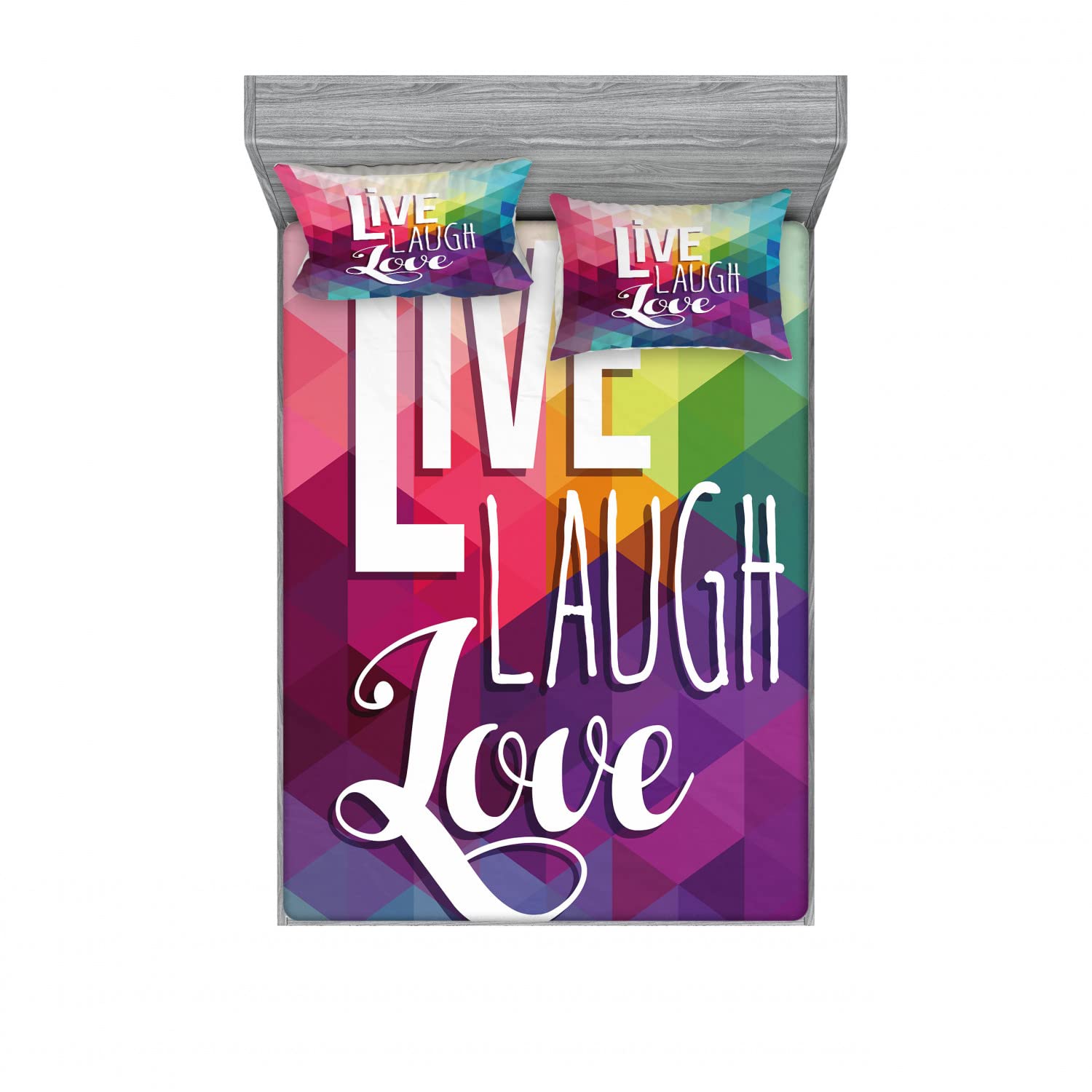 Ambesonne Live Laugh Love 2-Pack Queen Size Fitted Sheet & Pillow Sham Set - 4 Piece Bedding Decor with 2 Fitted Sheets & 4 Pillow Covers, Multicolor Words Mosaic Design - Perfect for Guest Rooms, Vacation Homes & Cozy Bedroom Makeovers