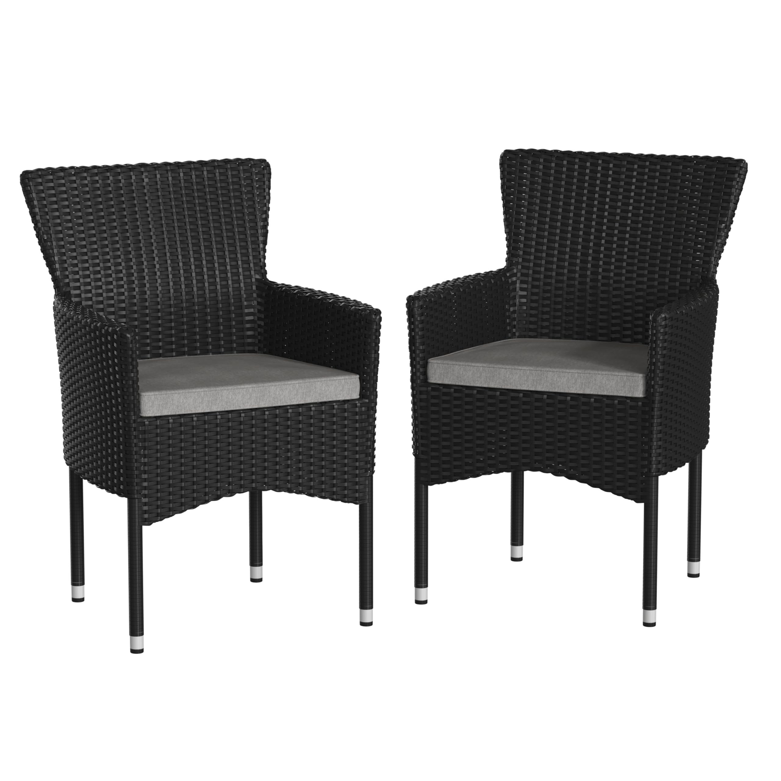 Flash Furniture Maxim Modern Wicker Patio Armchairs - Set of 2, Fade & Weather Resistant Black Frame with Removable Gray Cushions - Perfect for Deck, Backyard, Poolside or Outdoor Lounge Areas