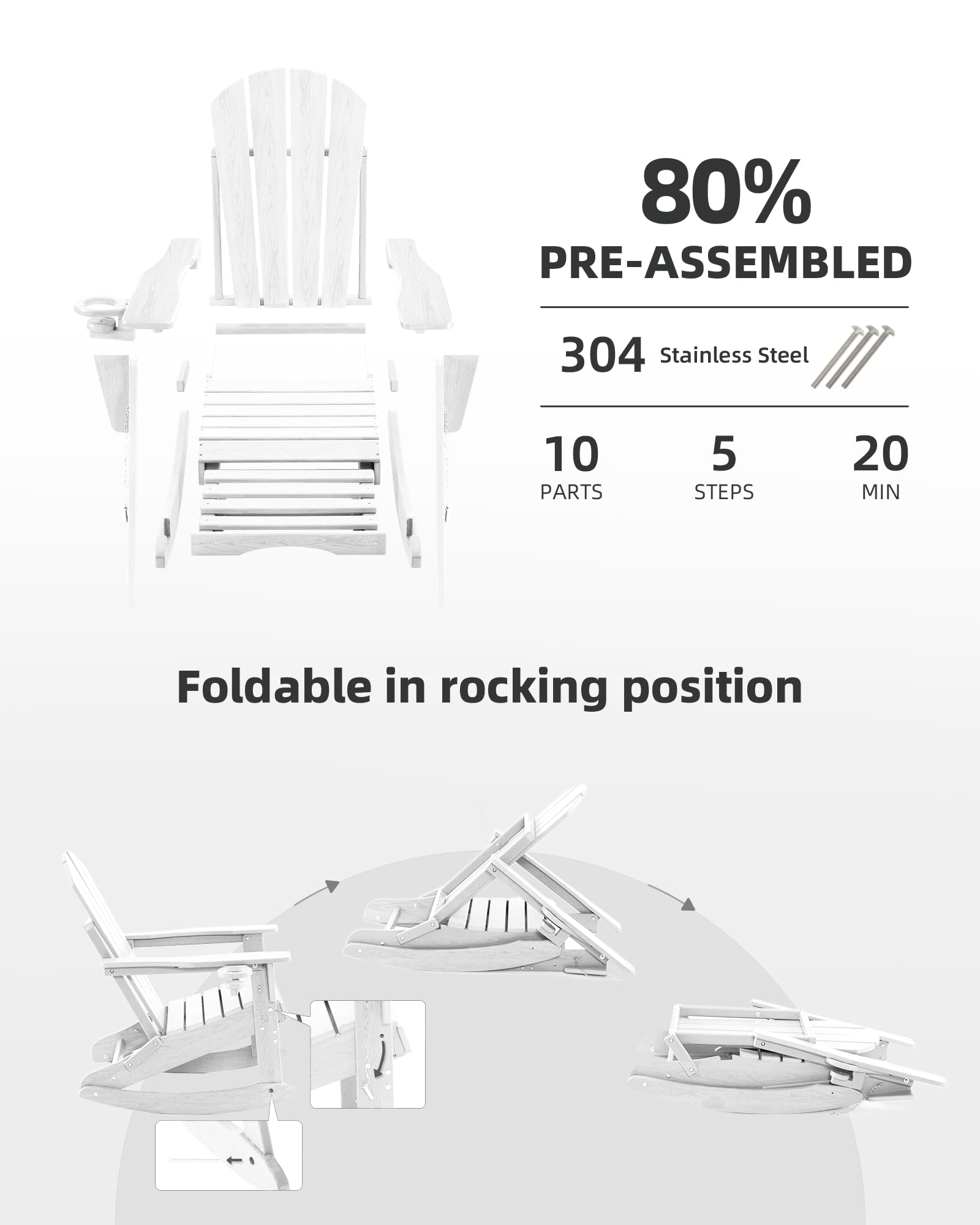 4-in-1 Folding Adirondack Rocking Chair with Retractable Ottoman - Wood Texture Outdoor Patio Chair for Porch, Backyard, Pool & Garden - Comfortable Lawn Furniture for Relaxing, Sunbathing & Outdoor Lounging (White)