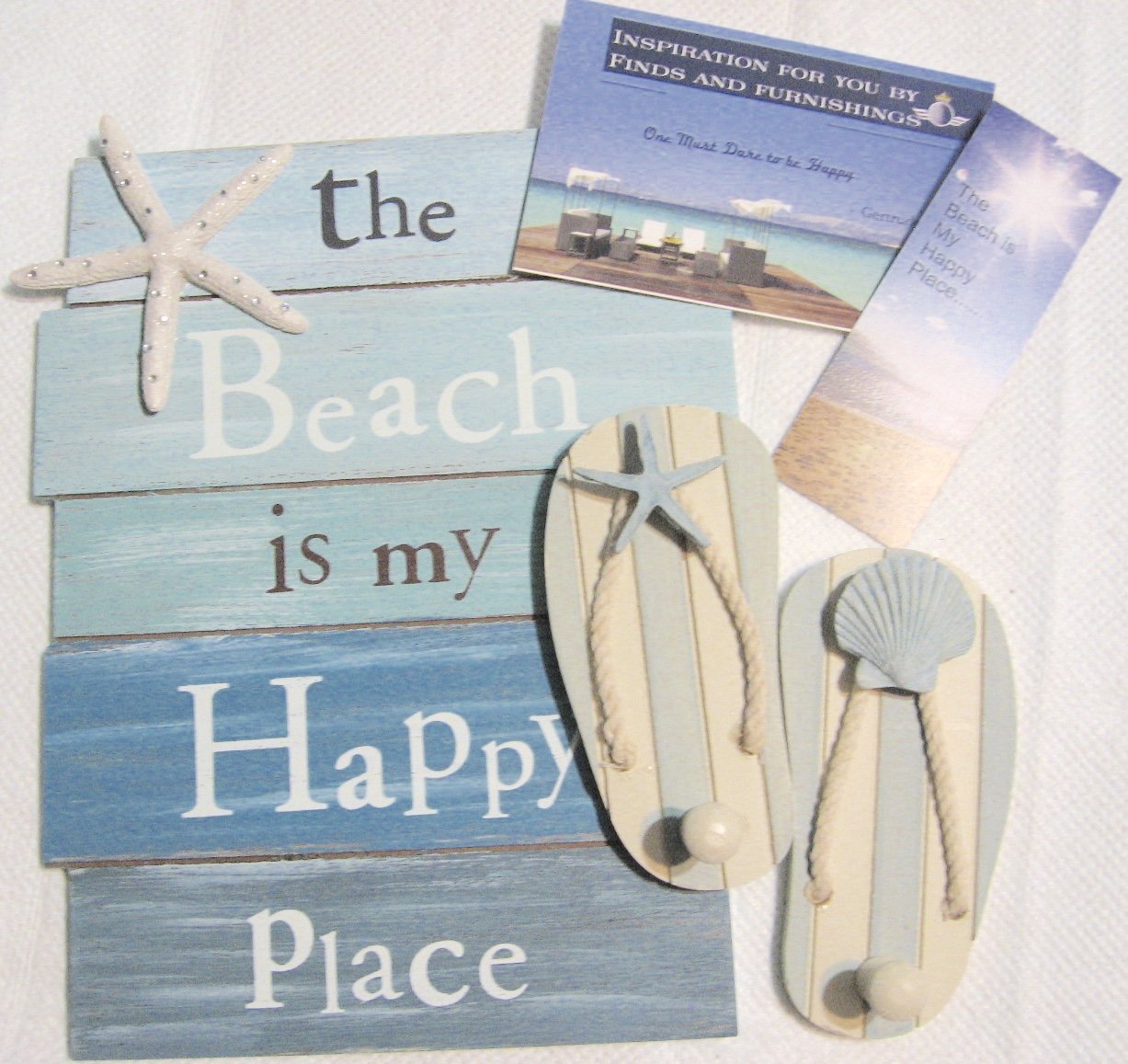 The Beach Is My Happy Place 3-Piece Bundle: Beach Sign, Sandal Wall Hook, Postcard & Bookmark for Coastal Home Decor & Gift Ideas
