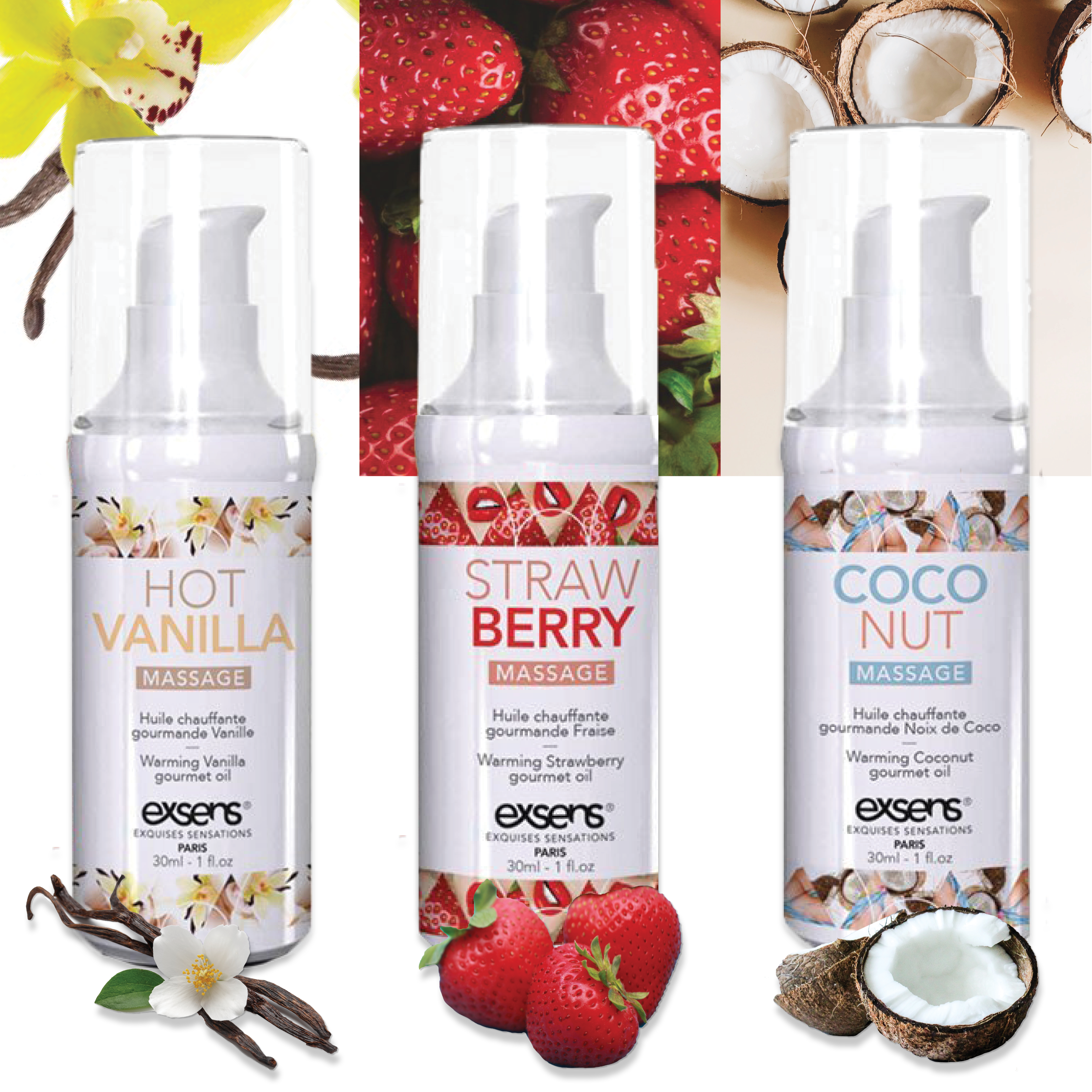 Exsens Warming Intimate Massage Oil Kit - Strawberry, Coconut & Vanilla Flavored Gel Gift Set (3 x 1 Fl Oz Bottles) | Couples Massage Oil for Romantic Nights, Spa Treatments & Sensual Experiences