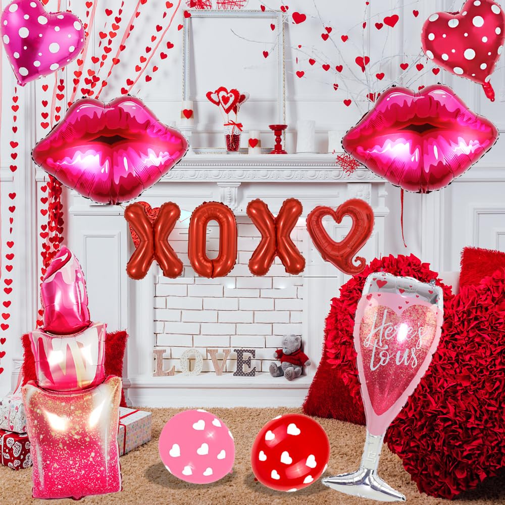 Galentines Day Balloons Set - XOXO Lips & Lipstick Foil Balloons for Party Decorations | Perfect for Galentines Day Celebrations, Girls Night Out, and Bachelorette Parties