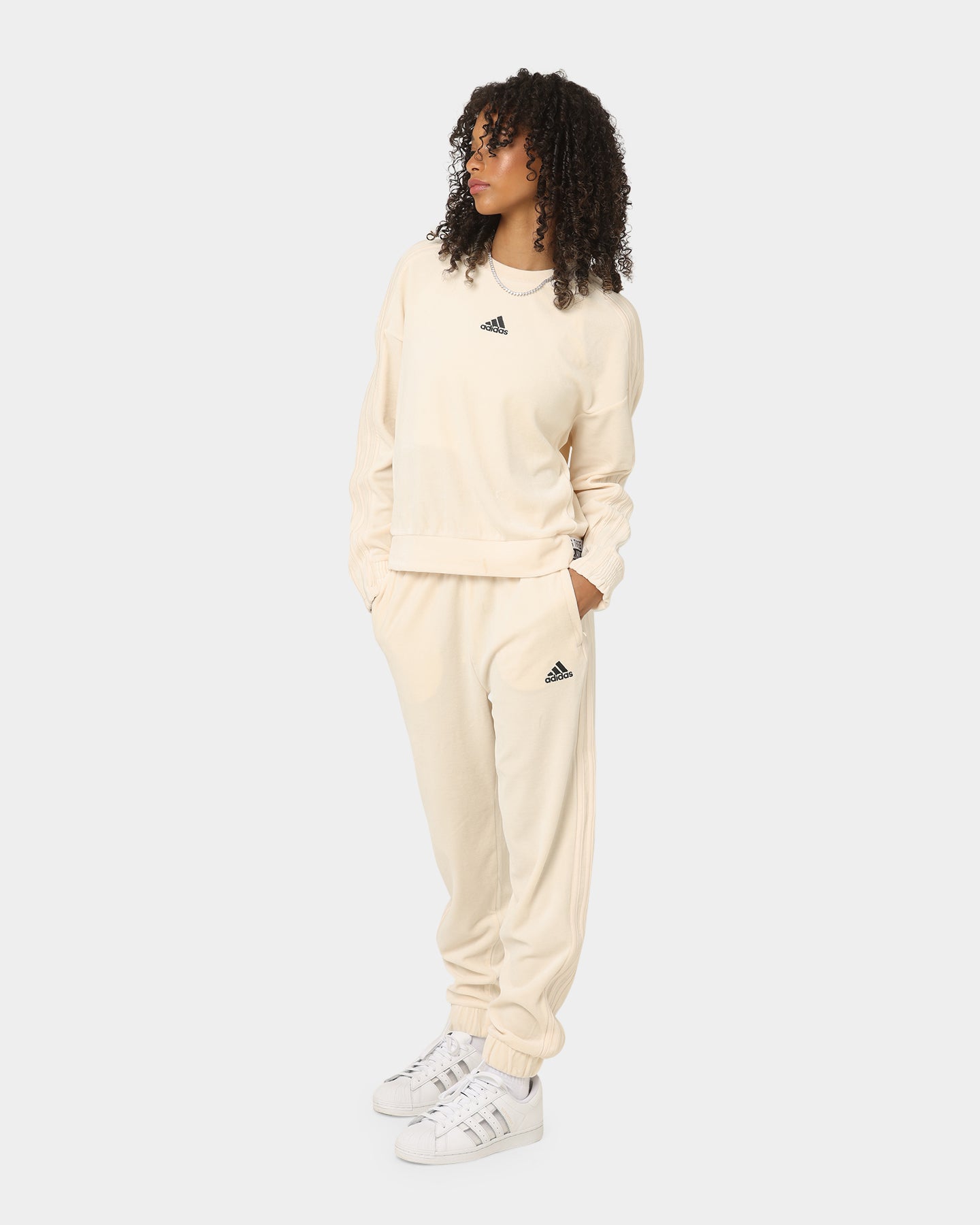 Adidas Women's Velour Crewneck Sweatshirt - Wonder White | Soft & Comfortable Casual Wear for Women | Perfect for Gym, Lounge & Everyday Outfits