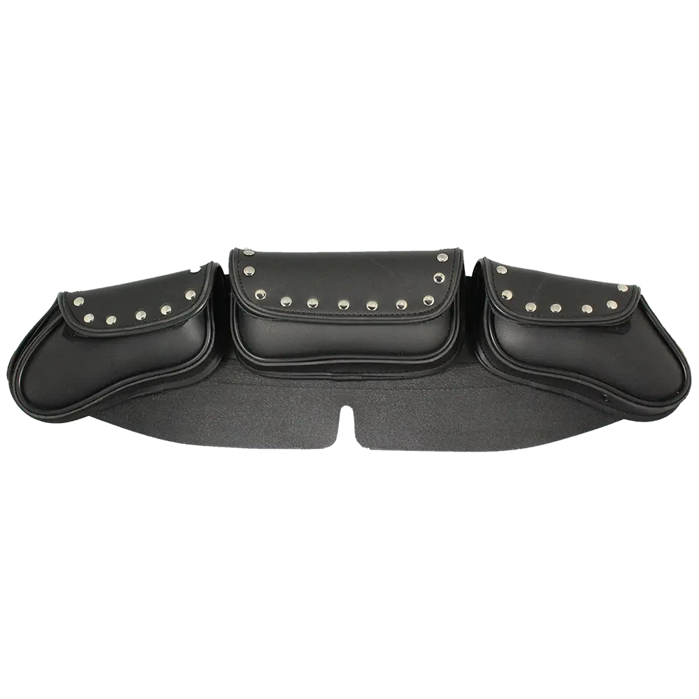 Open Road Chrome Stud Curved PVC Windshield Bag for Motorcycles - Durable Storage Organizer for Maps, Phones & Accessories - Perfect for Harley, Cruiser & Touring Bikes