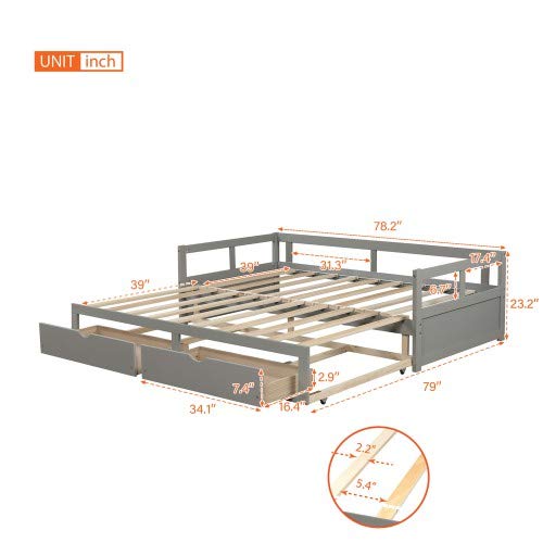 **Merai Wooden Daybed Frame with Grey Drawer - No Box Spring Needed - Perfect for Guest Rooms, Dormitories & Small Spaces**