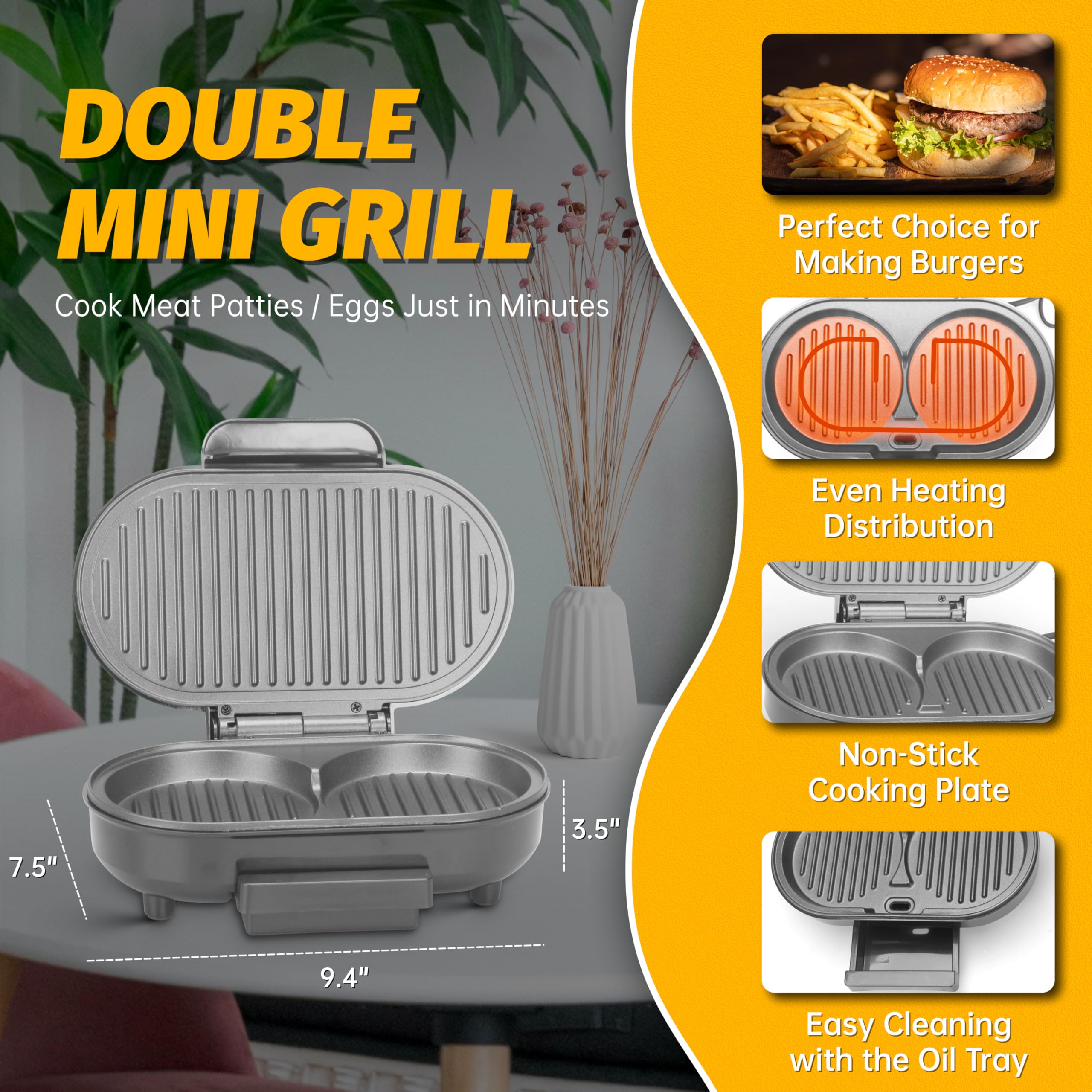 Double Mini Electric Grill - Sandwich & Burger Maker for Breakfast & Lunch