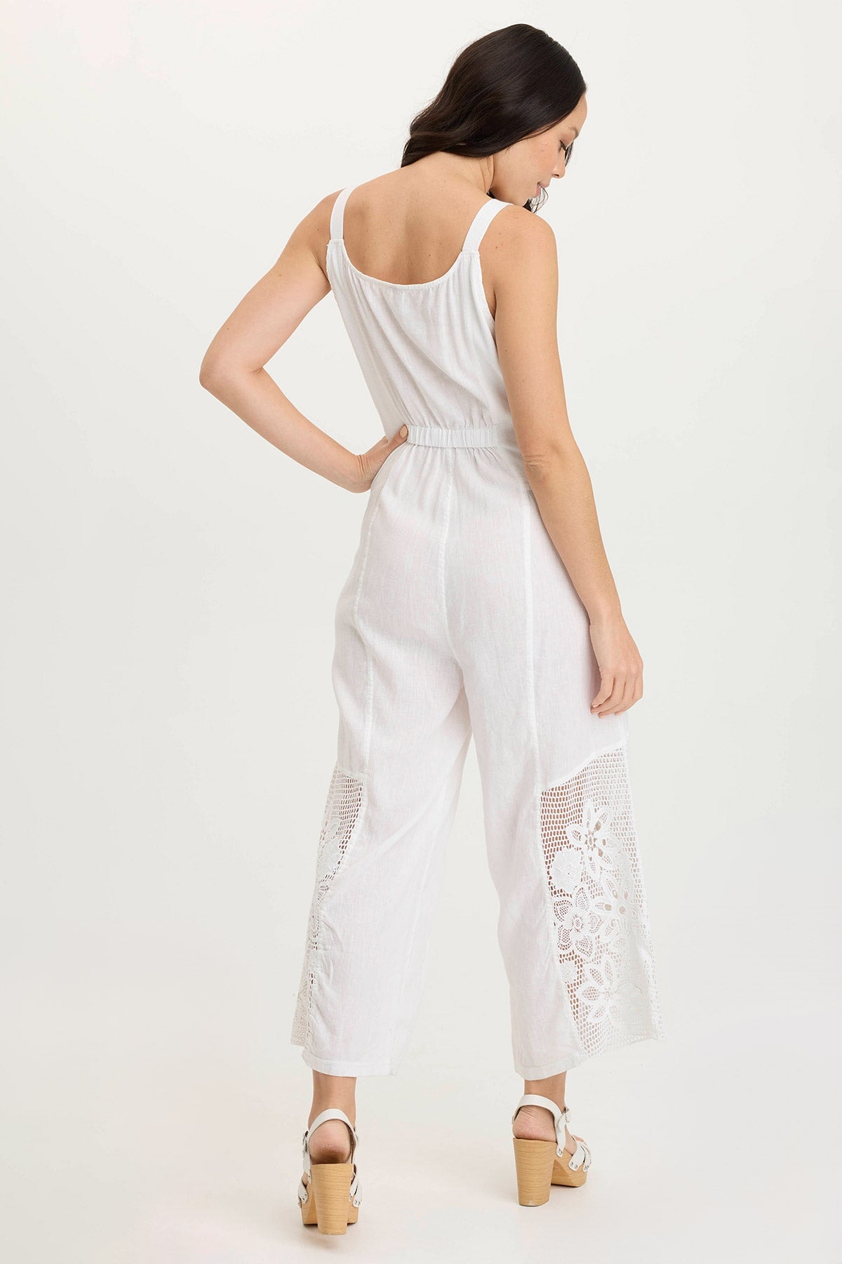 Nairi Women's Linen Crochet Mesh Contrast Jumpsuit - Boho Chic Summer Romper with Floral Embroidery for Beach Vacation & Music Festivals
