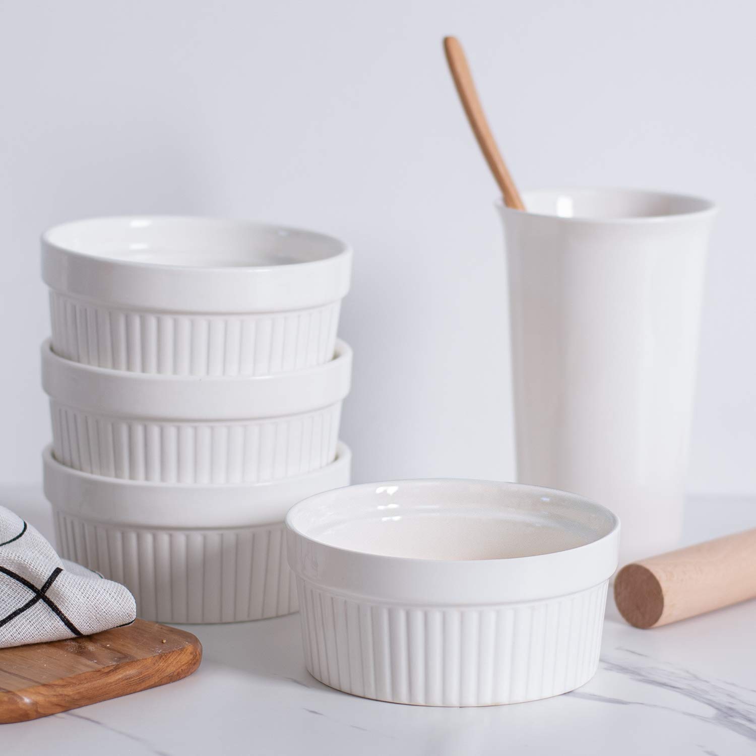 Delling 12 Oz Porcelain Ramekins - Oven Safe Souffle Dishes for Baking, Creme Brulee & French Onion Soup (6-Pack, White) | Perfect for Desserts, Side Dishes & Elegant Dinner Parties